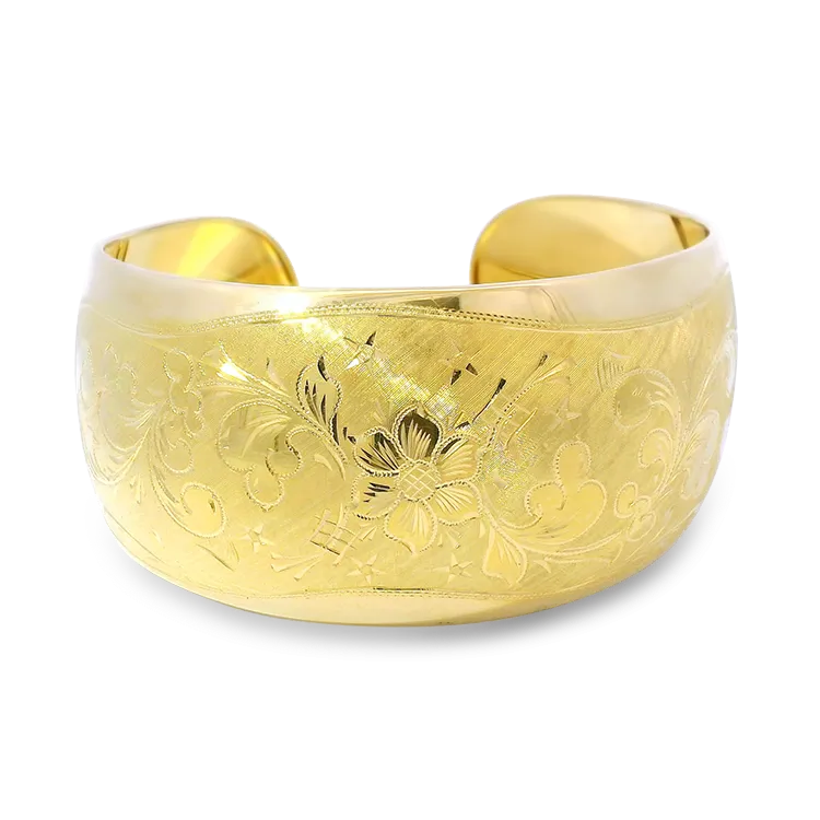 Estate 18k Yellow Gold Floral Engraved Cuff Bracelet