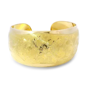 Estate 18k Yellow Gold Floral Engraved Cuff Bracelet