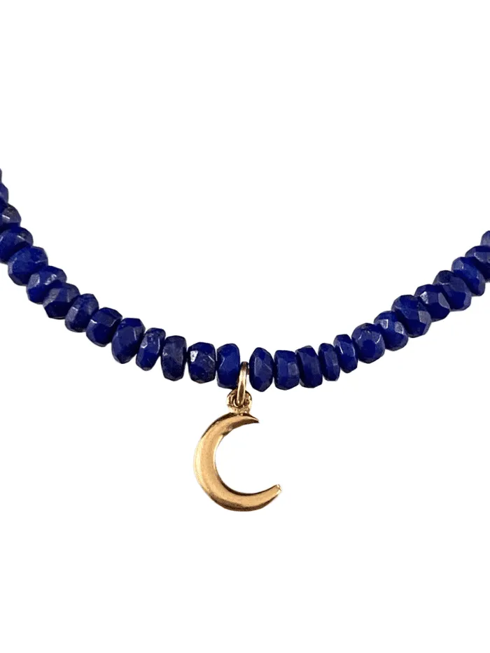 Faceted Lapis 14K Gold Delicate Crescent Moon Charm Bracelet