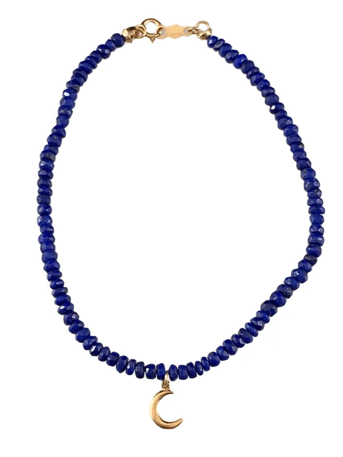 Faceted Lapis 14K Gold Delicate Crescent Moon Charm Bracelet
