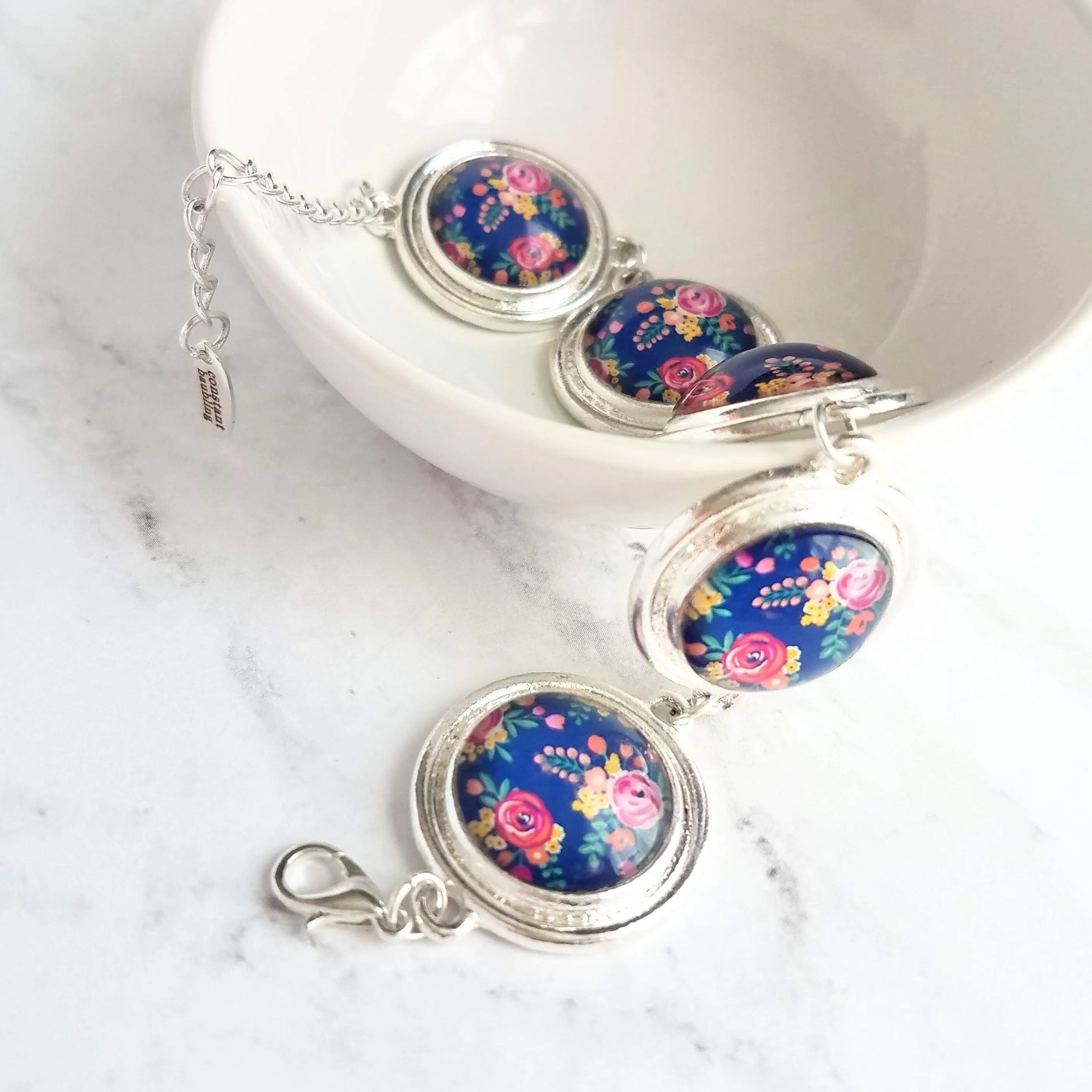 Flower Bracelet - chunky round silver bezel charms wuth adjustable chain - royal navy floral print - mothers day gift for her under 25