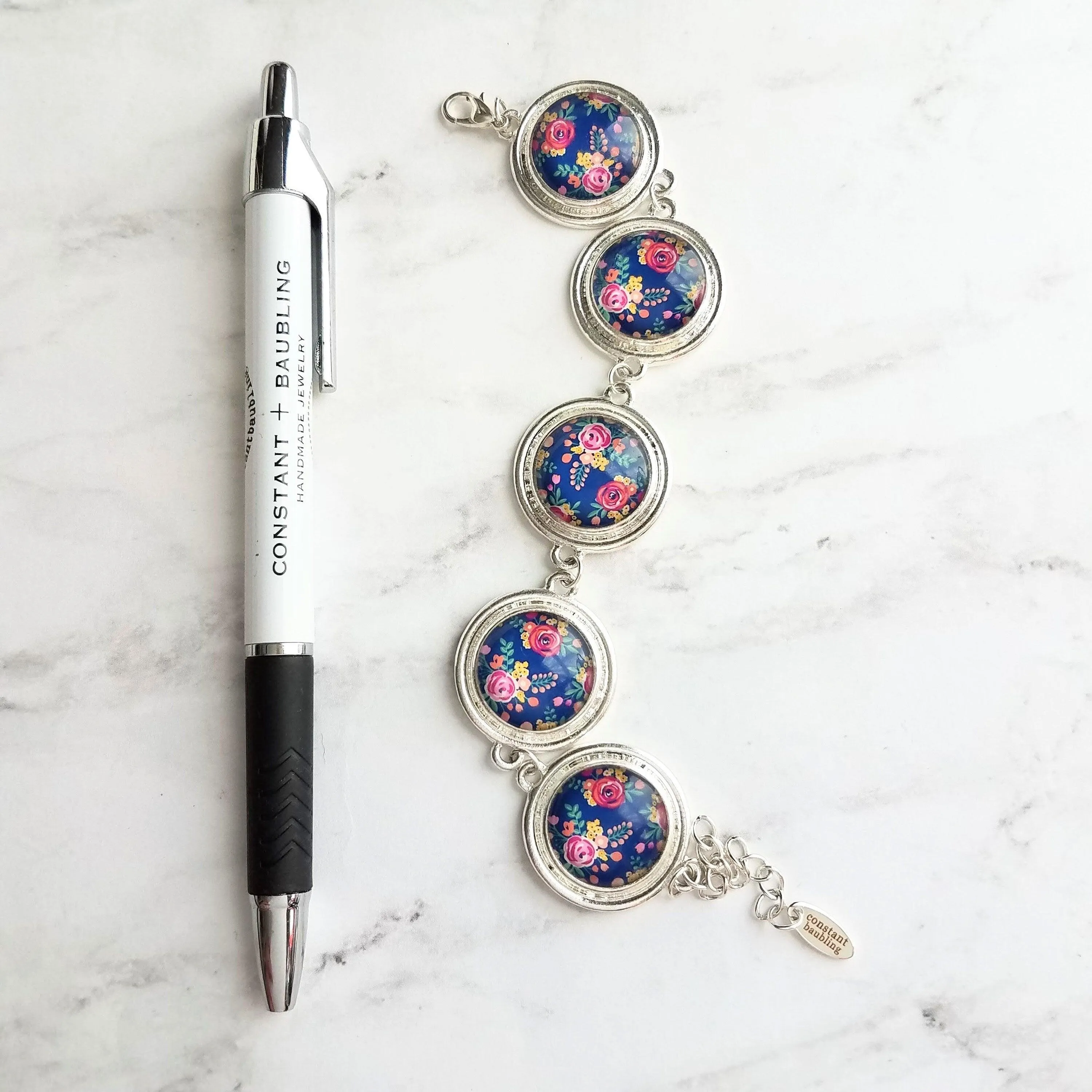 Flower Bracelet - chunky round silver bezel charms wuth adjustable chain - royal navy floral print - mothers day gift for her under 25