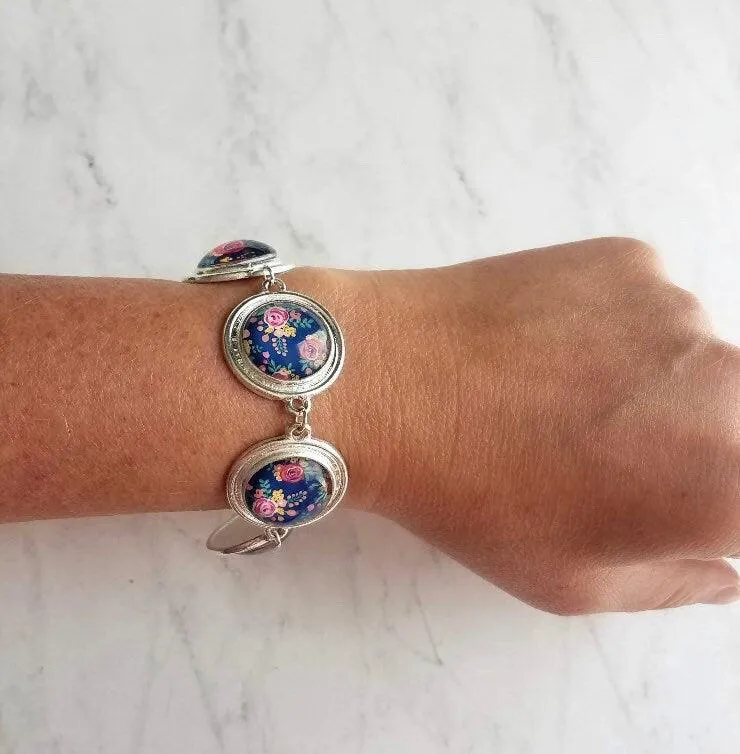 Flower Bracelet - chunky round silver bezel charms wuth adjustable chain - royal navy floral print - mothers day gift for her under 25