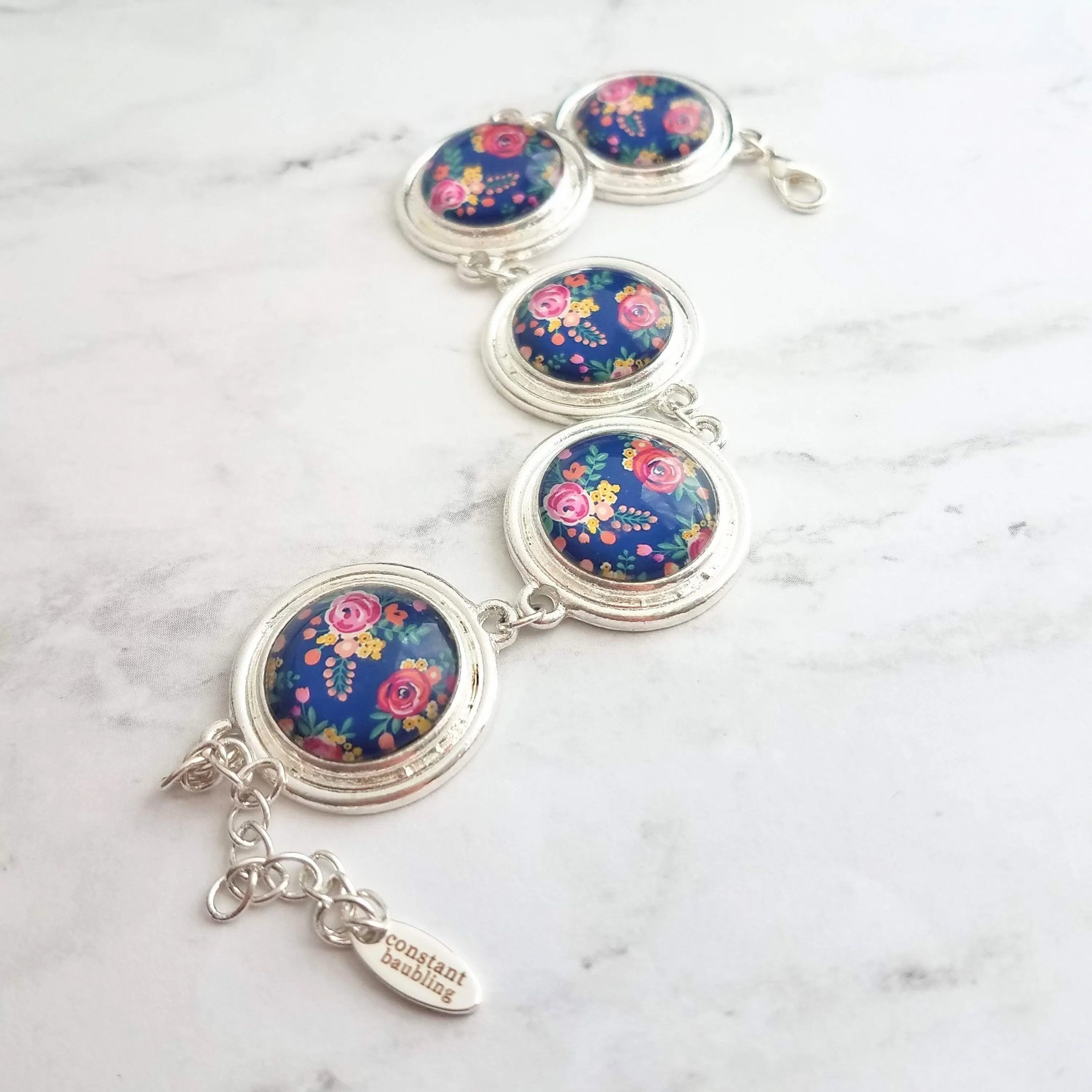 Flower Bracelet - chunky round silver bezel charms wuth adjustable chain - royal navy floral print - mothers day gift for her under 25
