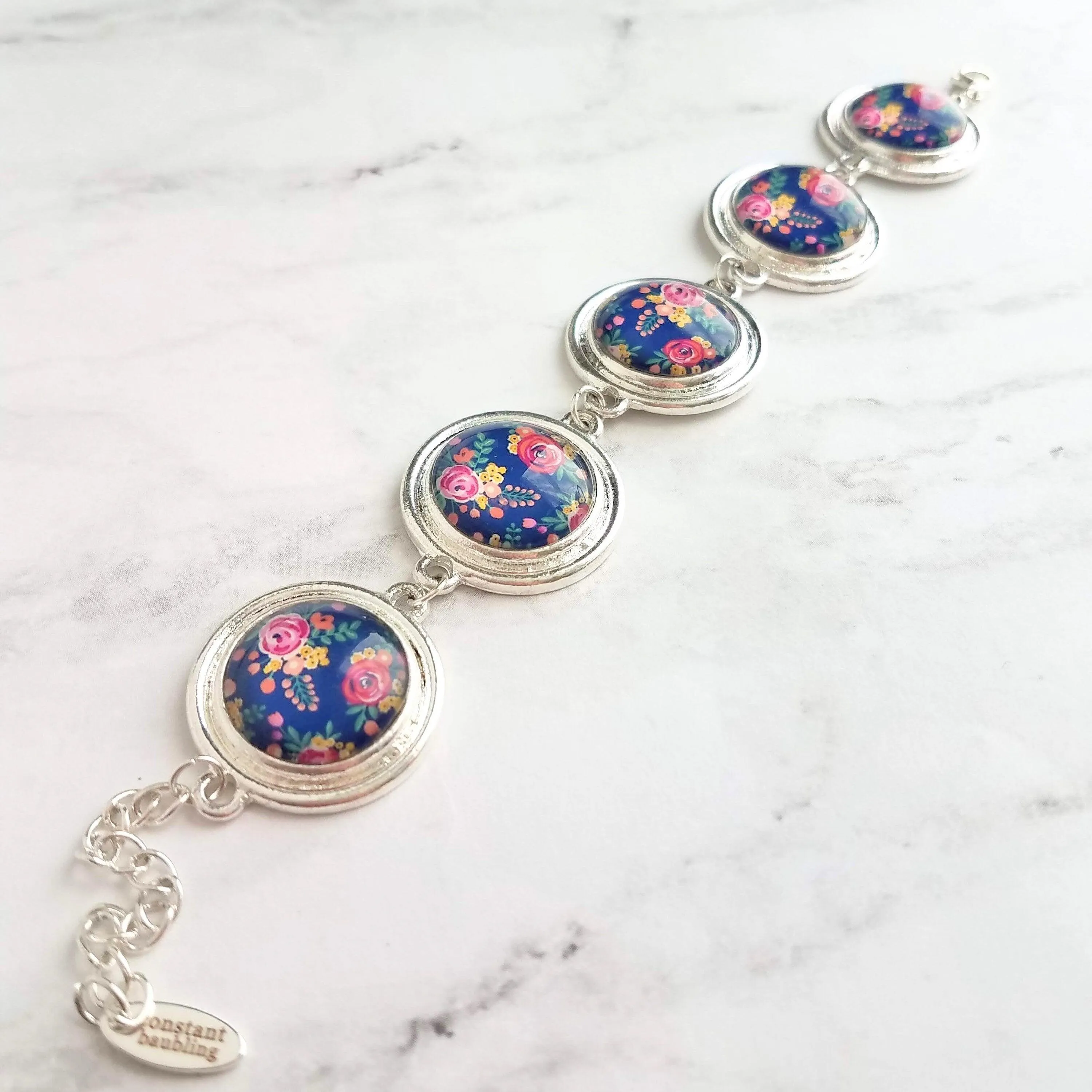 Flower Bracelet - chunky round silver bezel charms wuth adjustable chain - royal navy floral print - mothers day gift for her under 25