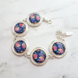 Flower Bracelet - chunky round silver bezel charms wuth adjustable chain - royal navy floral print - mothers day gift for her under 25