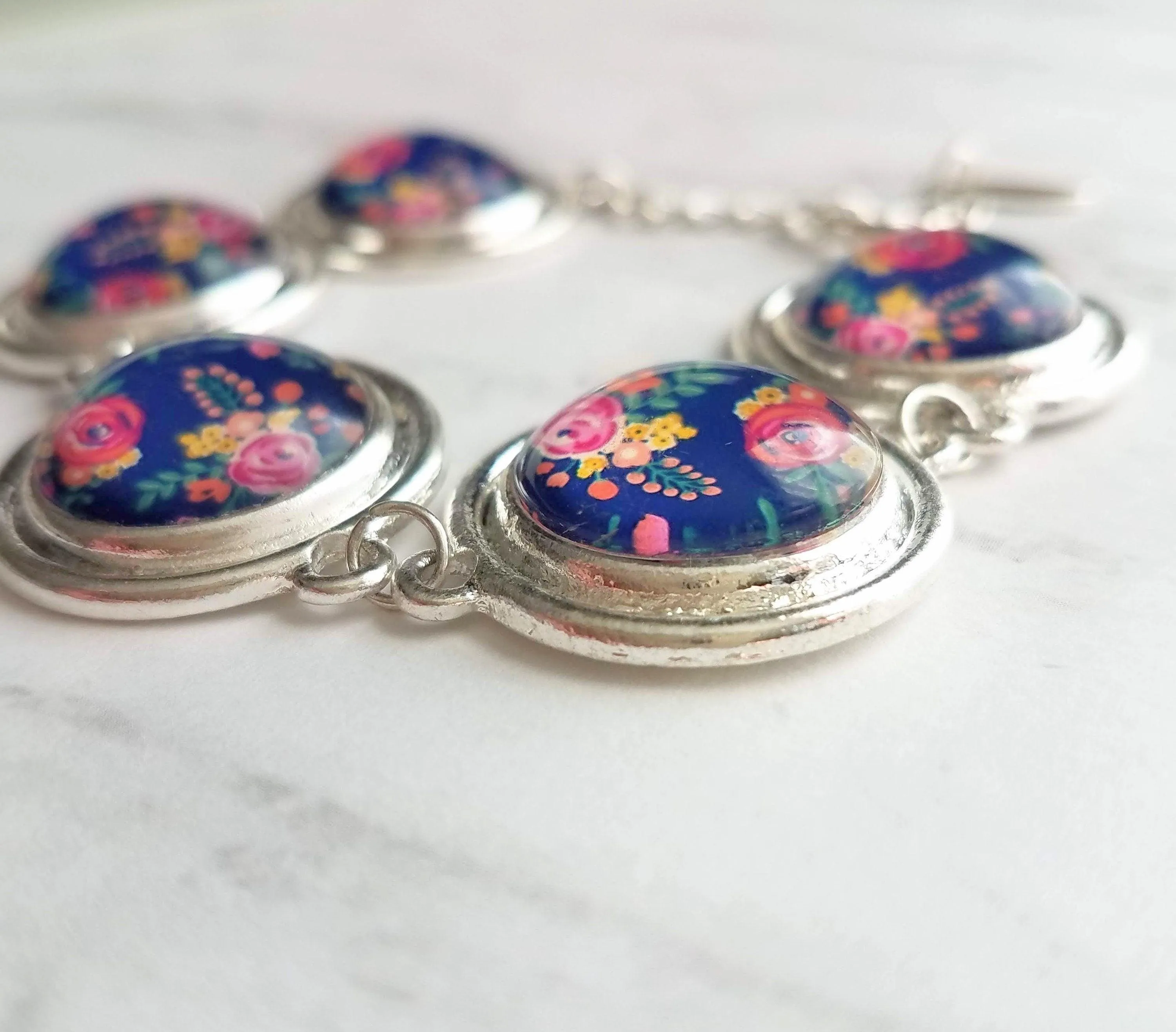 Flower Bracelet - chunky round silver bezel charms wuth adjustable chain - royal navy floral print - mothers day gift for her under 25
