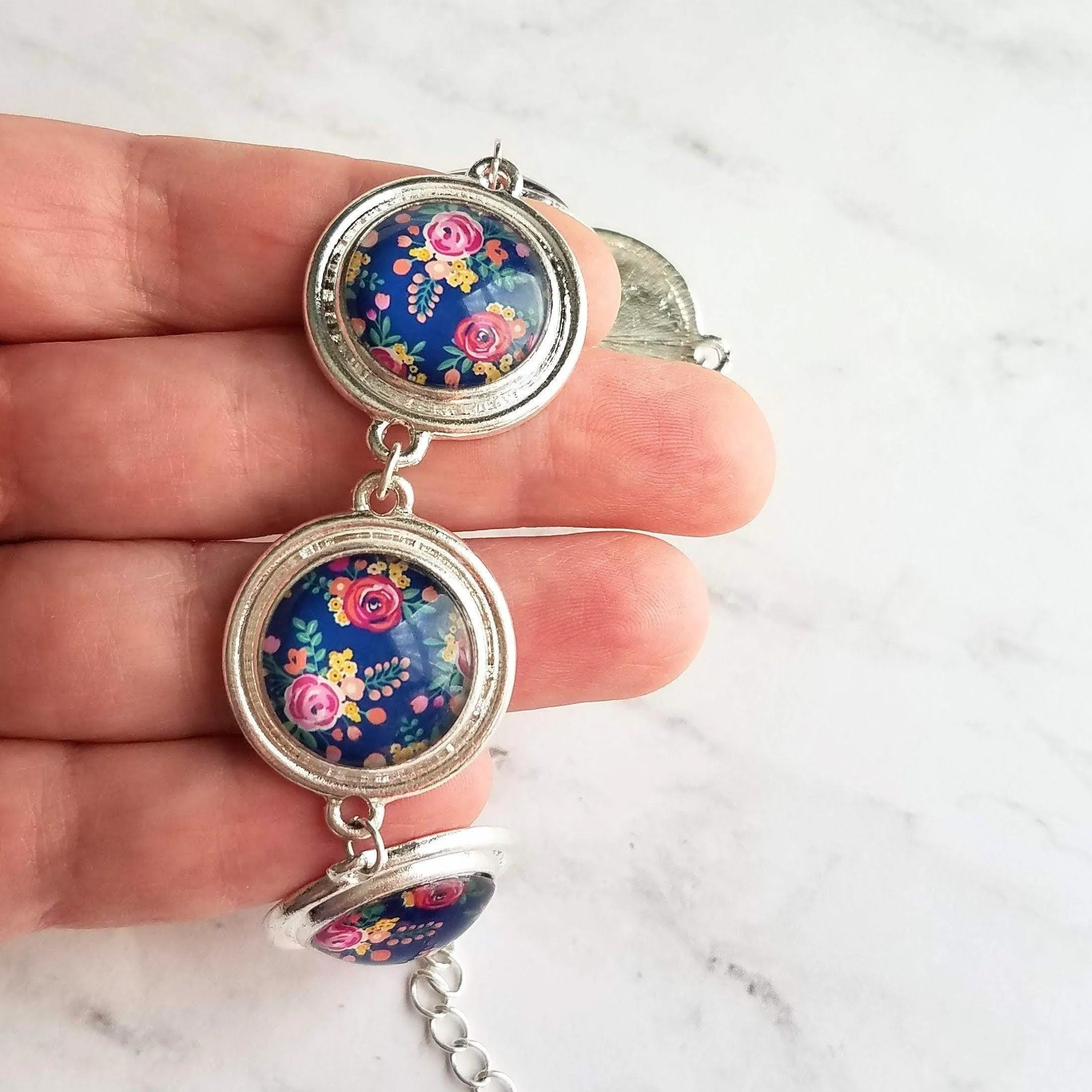 Flower Bracelet - chunky round silver bezel charms wuth adjustable chain - royal navy floral print - mothers day gift for her under 25
