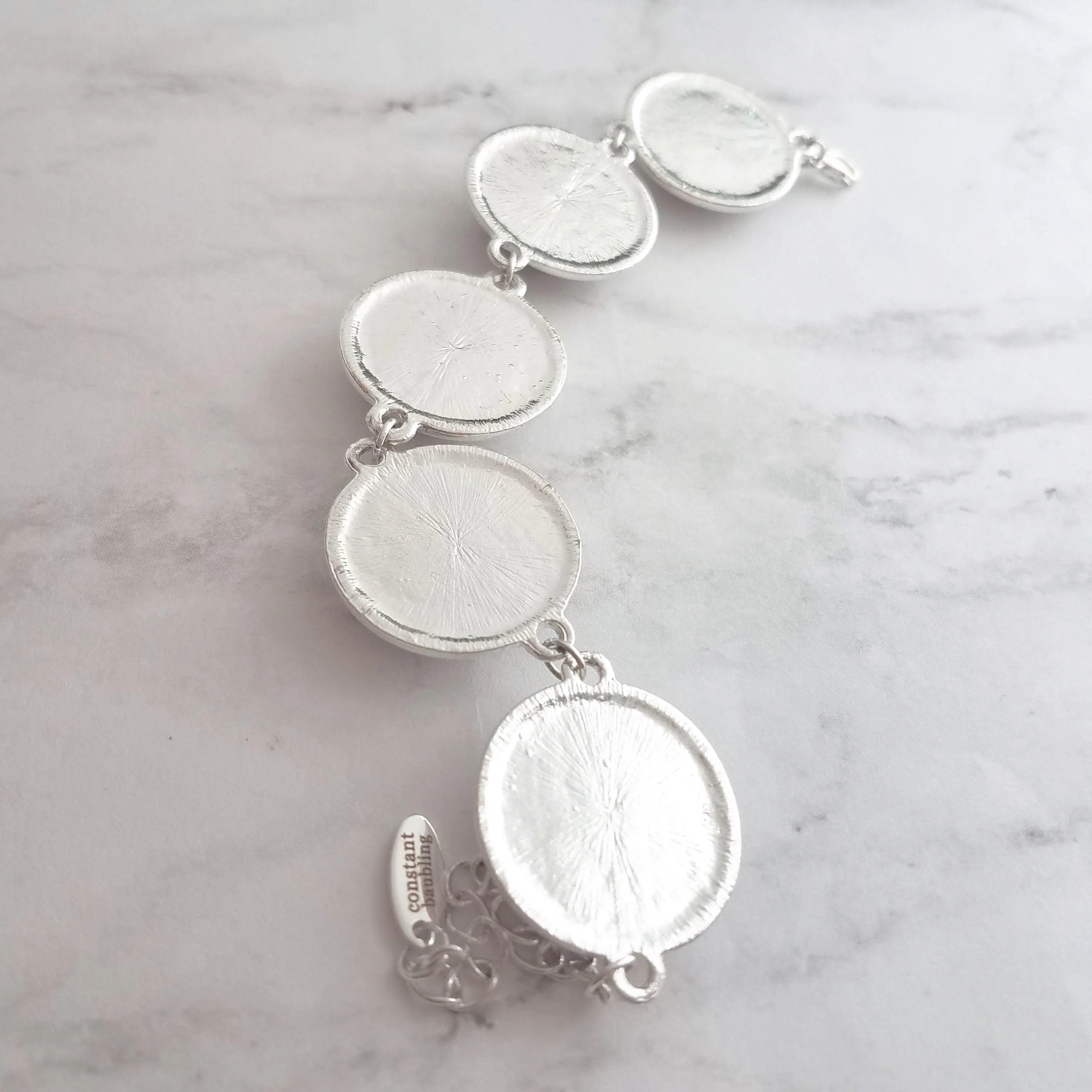 Flower Bracelet - chunky round silver bezel charms wuth adjustable chain - royal navy floral print - mothers day gift for her under 25
