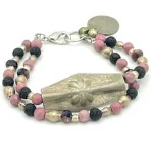 Flower Charm Bracelet with Pink Rhodonite Gemstones