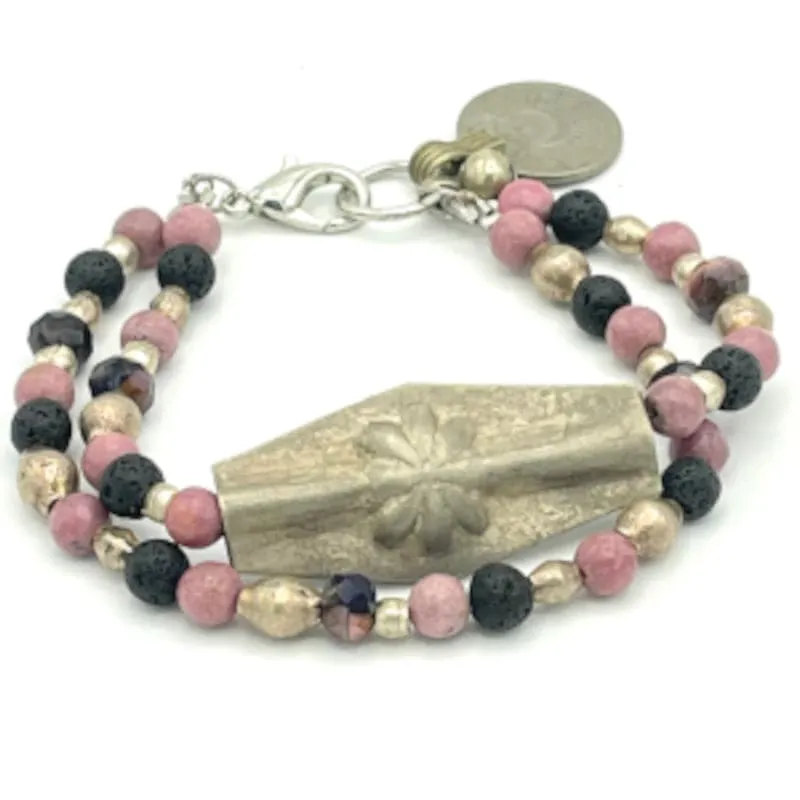 Flower Charm Bracelet with Pink Rhodonite Gemstones