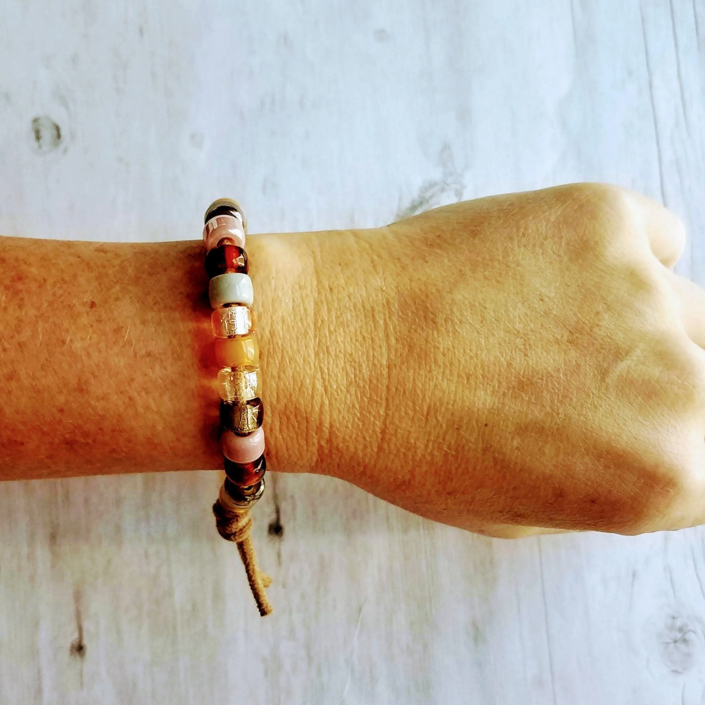 Forte Inspired Glass Bead Bracelet - large chunky pony crow rollers, tan suede style cord, neutral pink, brown grey white, big bead tie on