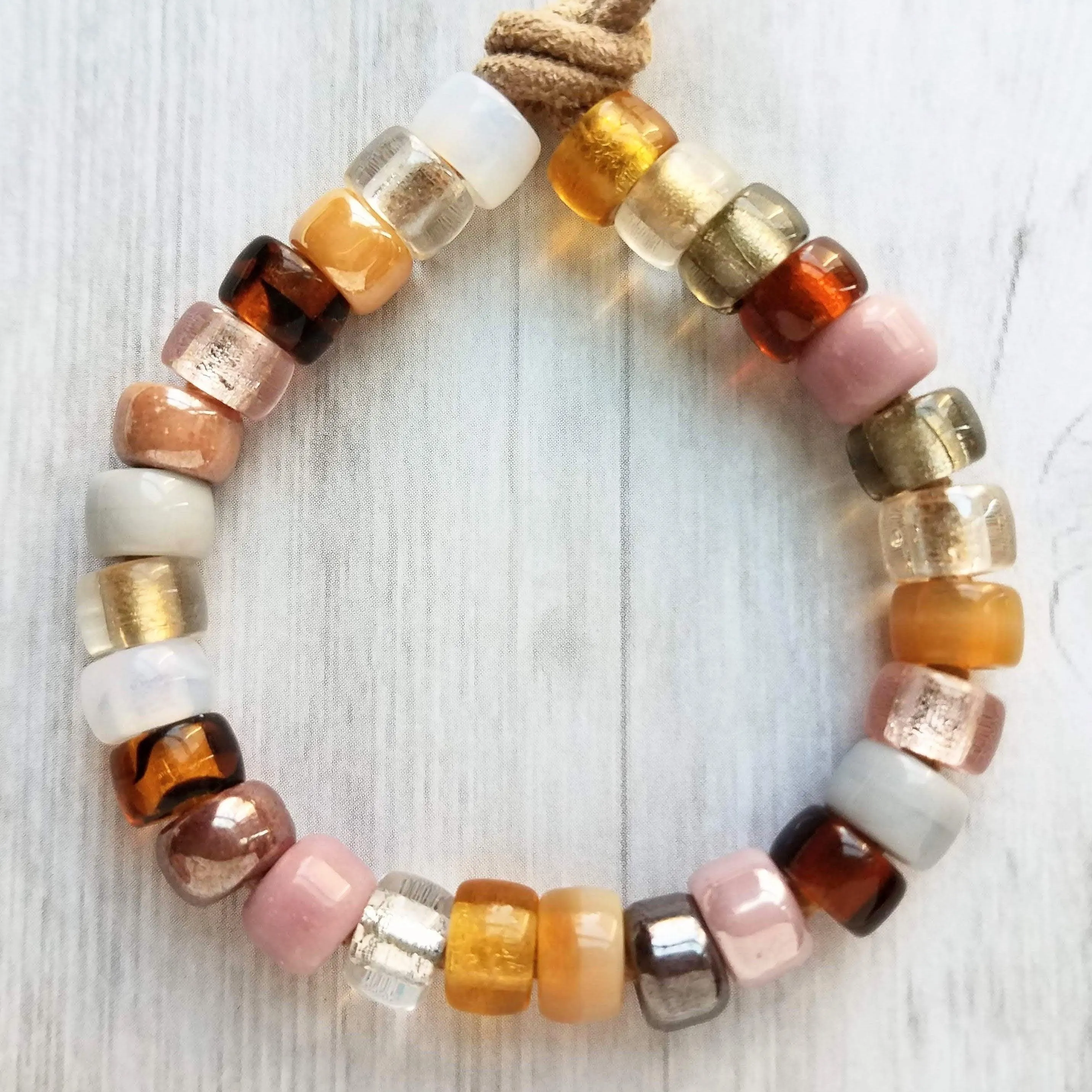 Forte Inspired Glass Bead Bracelet - large chunky pony crow rollers, tan suede style cord, neutral pink, brown grey white, big bead tie on