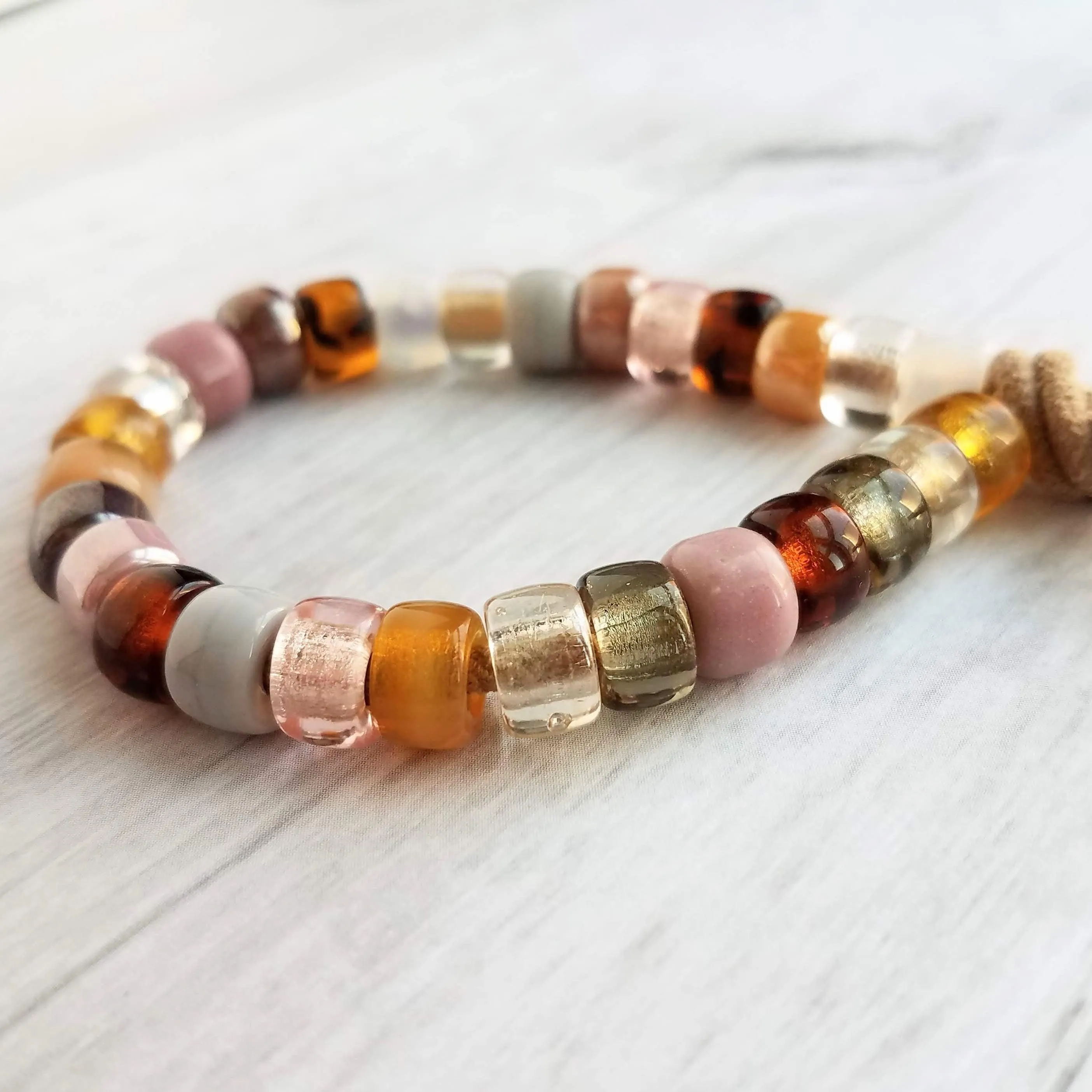 Forte Inspired Glass Bead Bracelet - large chunky pony crow rollers, tan suede style cord, neutral pink, brown grey white, big bead tie on