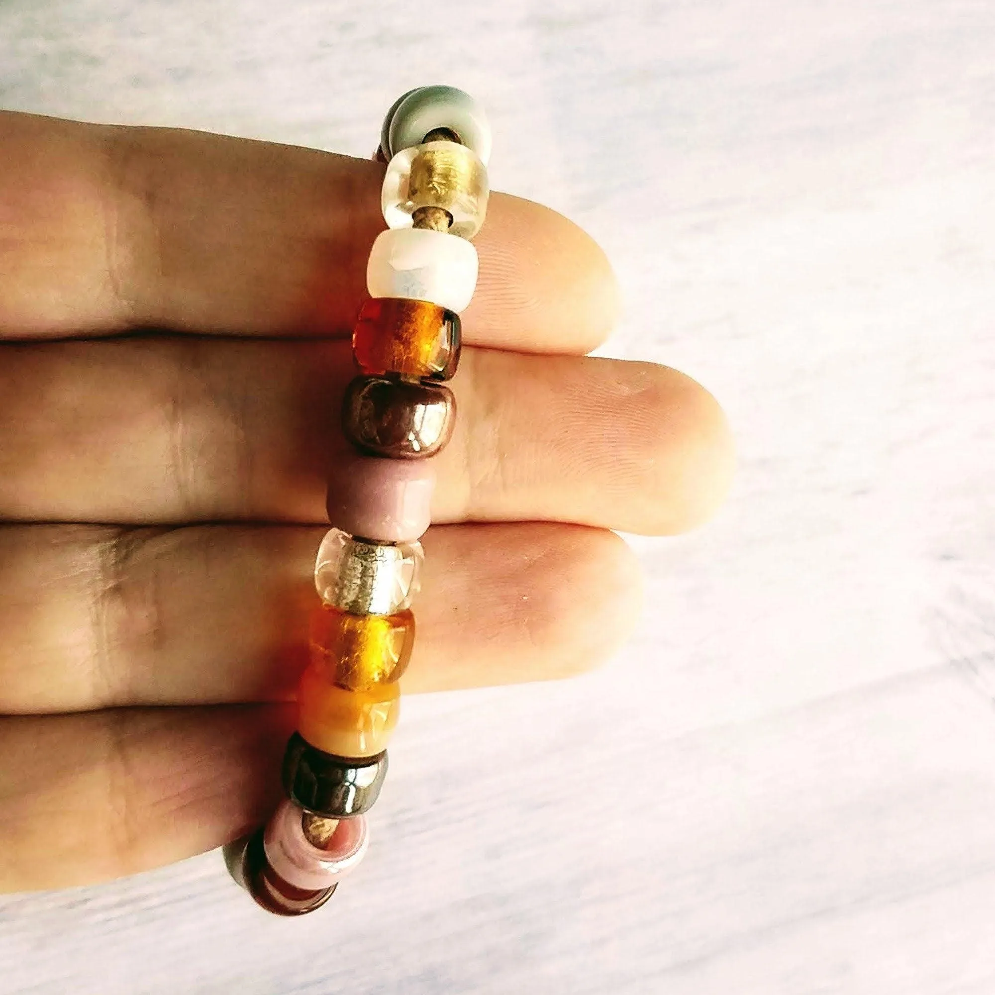 Forte Inspired Glass Bead Bracelet - large chunky pony crow rollers, tan suede style cord, neutral pink, brown grey white, big bead tie on