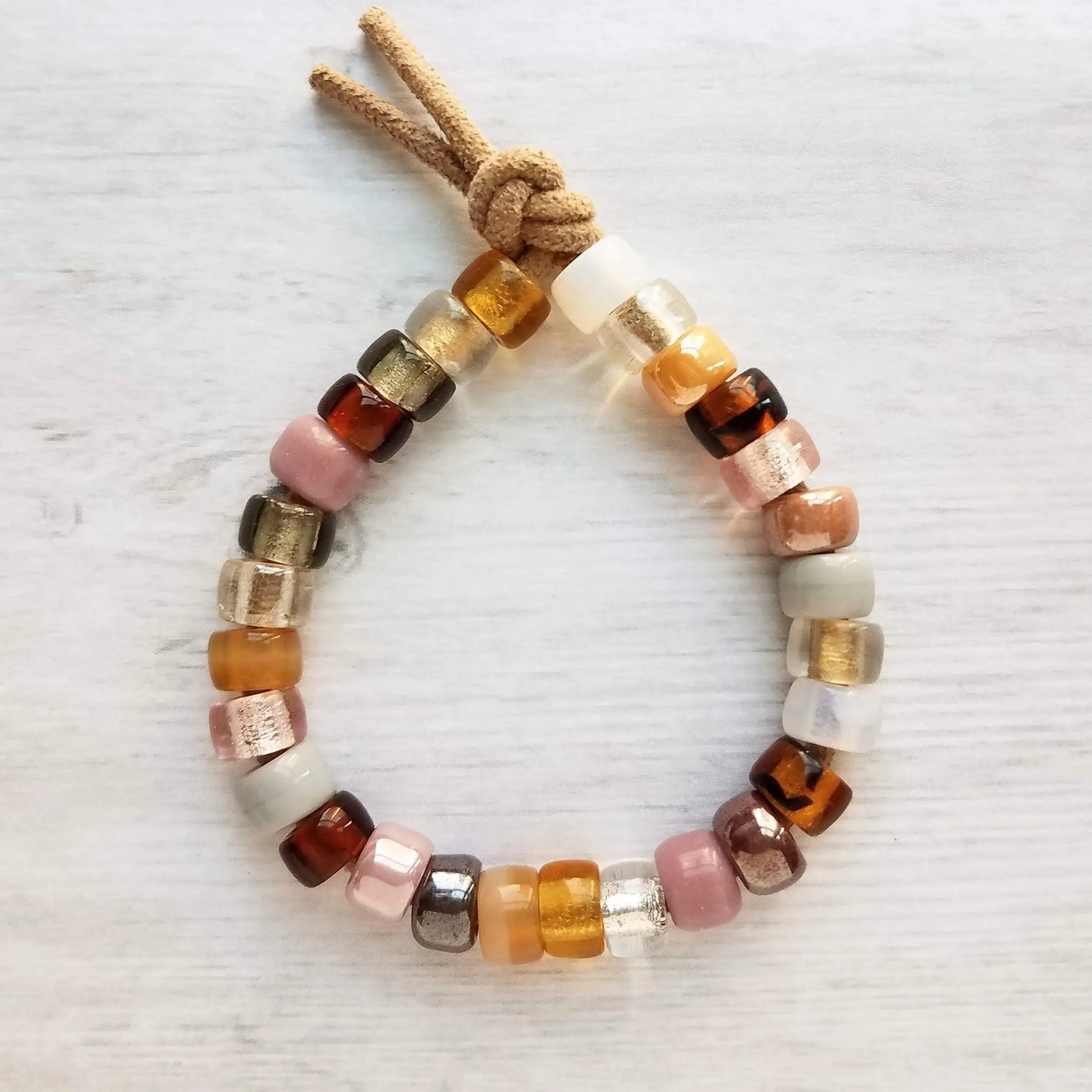 Forte Inspired Glass Bead Bracelet - large chunky pony crow rollers, tan suede style cord, neutral pink, brown grey white, big bead tie on