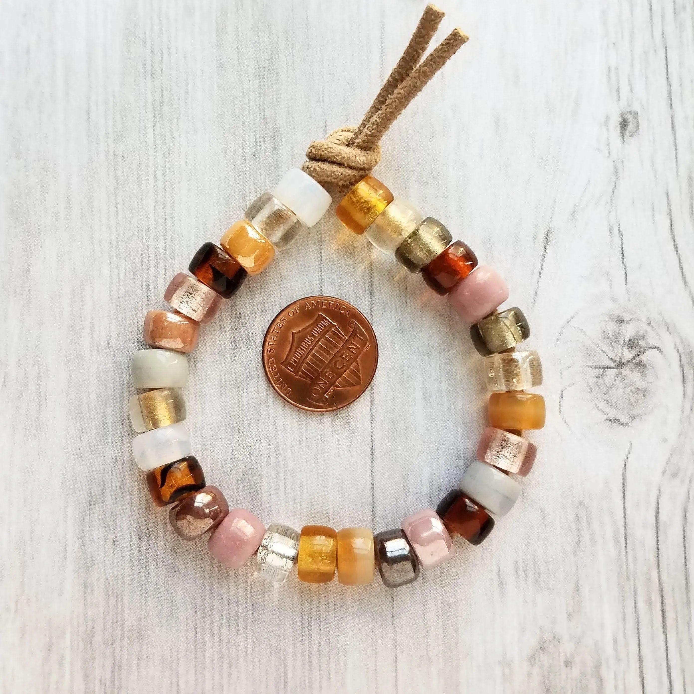 Forte Inspired Glass Bead Bracelet - large chunky pony crow rollers, tan suede style cord, neutral pink, brown grey white, big bead tie on