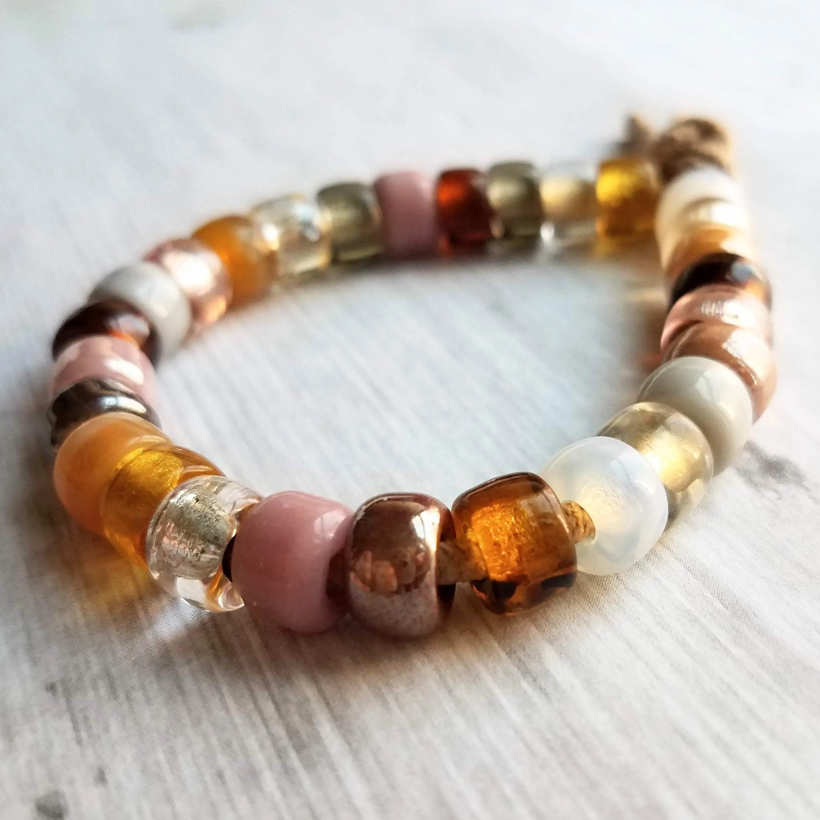 Forte Inspired Glass Bead Bracelet - large chunky pony crow rollers, tan suede style cord, neutral pink, brown grey white, big bead tie on