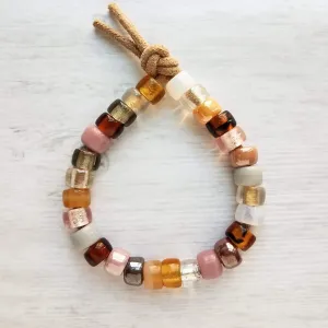 Forte Inspired Glass Bead Bracelet - large chunky pony crow rollers, tan suede style cord, neutral pink, brown grey white, big bead tie on