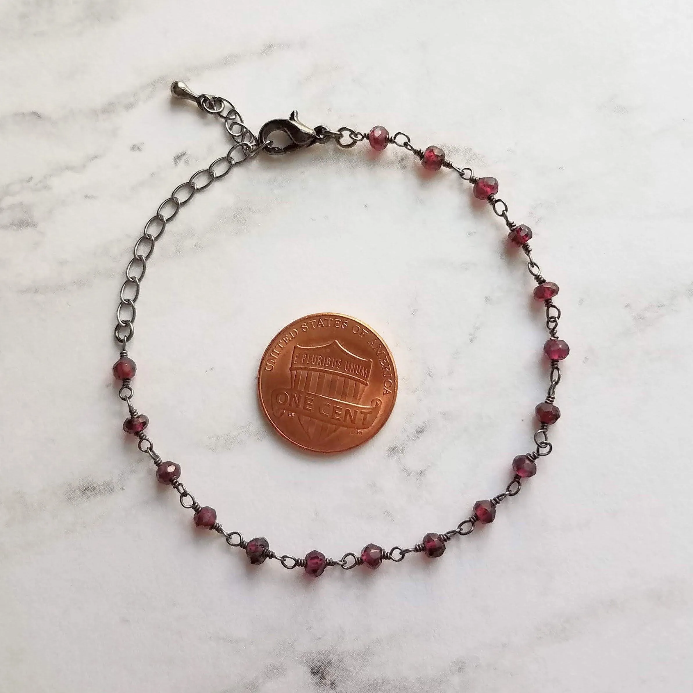 Garnet Bracelet , January birthstone bracelet, garnet jewelry, gunmetal bracelet, tiny garnet stones, delicate stone bracelet, red gemstone