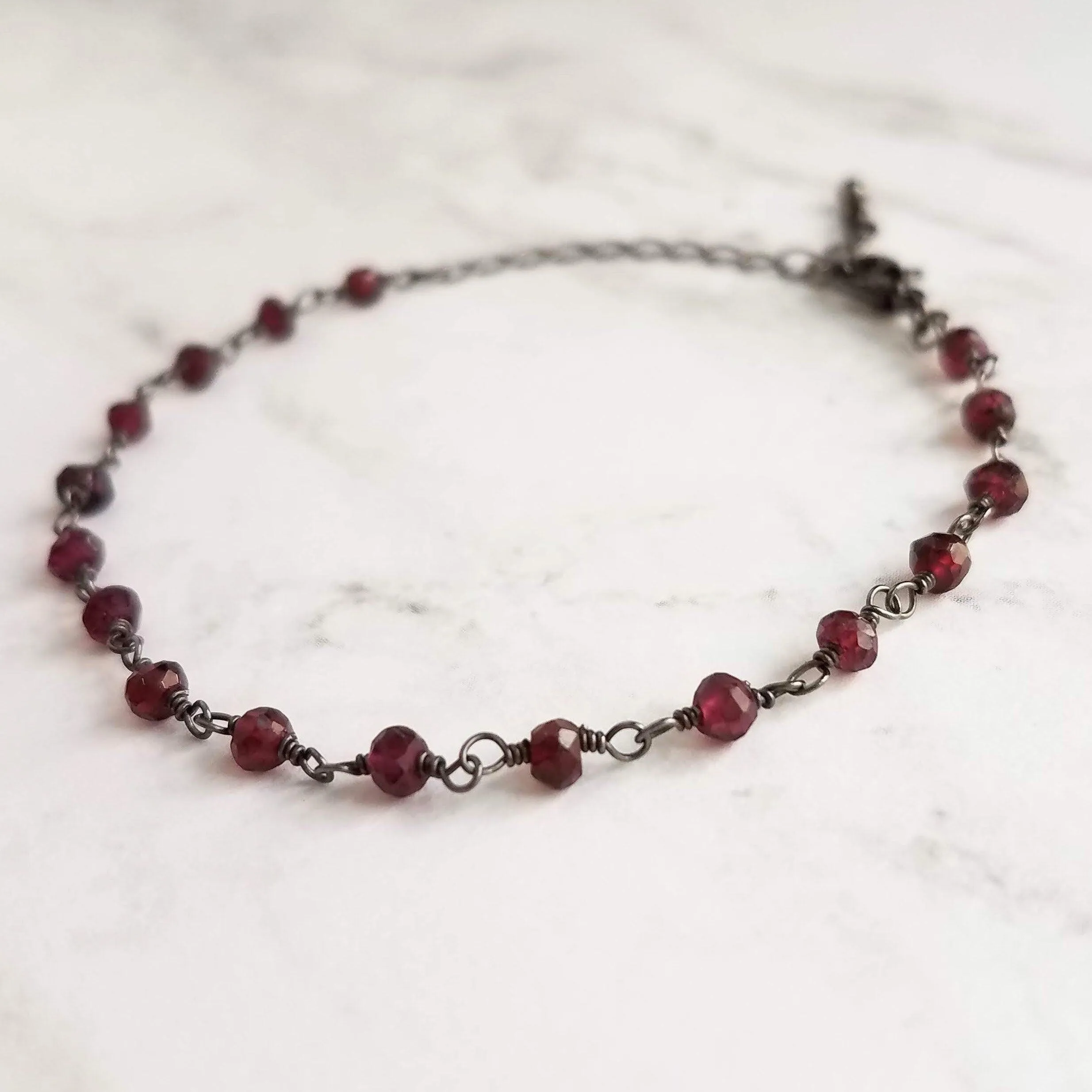 Garnet Bracelet , January birthstone bracelet, garnet jewelry, gunmetal bracelet, tiny garnet stones, delicate stone bracelet, red gemstone