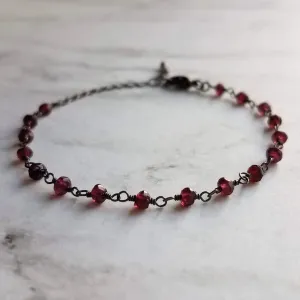 Garnet Bracelet , January birthstone bracelet, garnet jewelry, gunmetal bracelet, tiny garnet stones, delicate stone bracelet, red gemstone