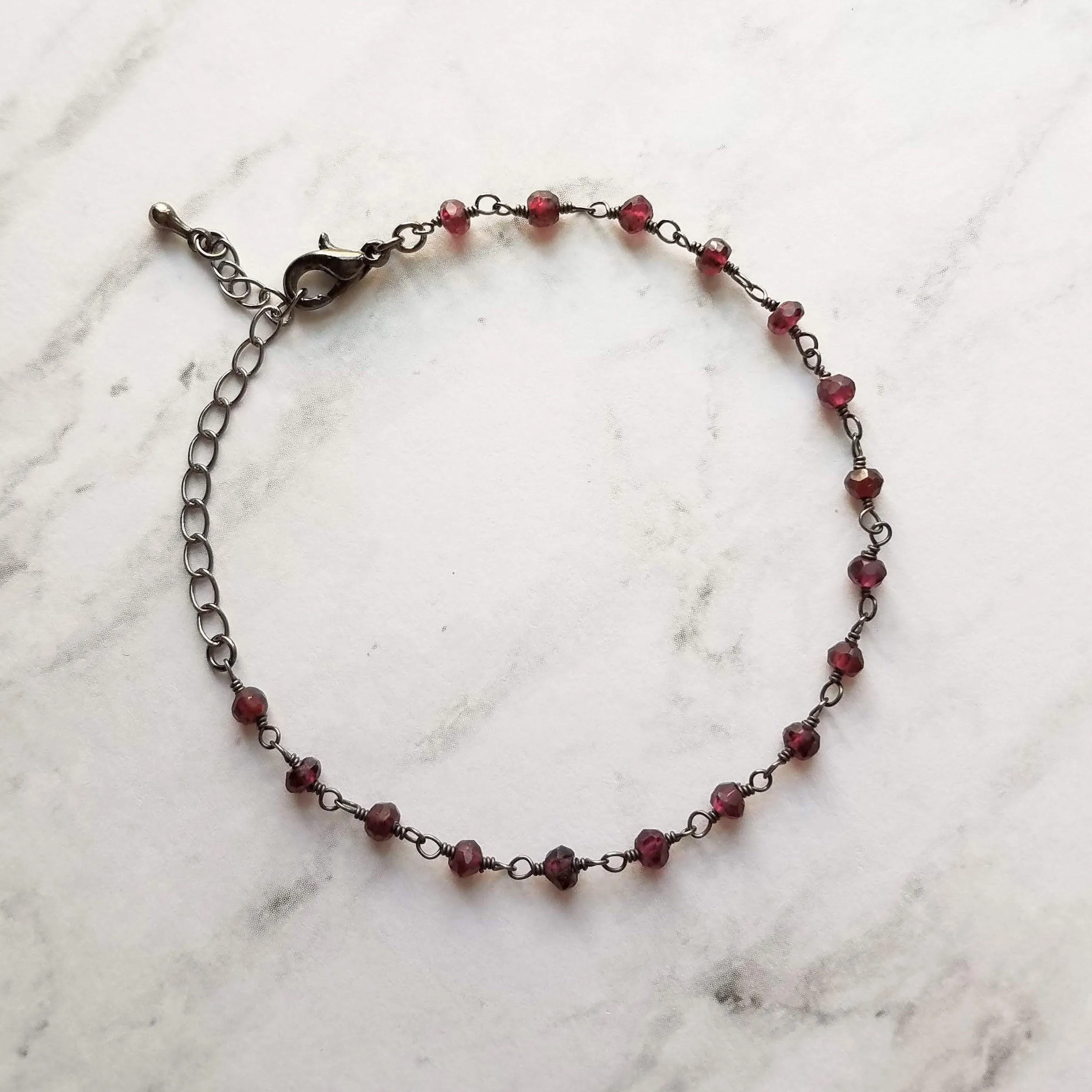 Garnet Bracelet , January birthstone bracelet, garnet jewelry, gunmetal bracelet, tiny garnet stones, delicate stone bracelet, red gemstone