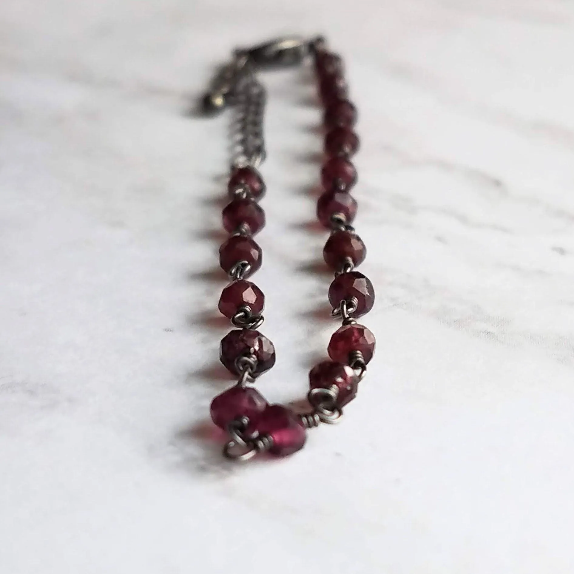 Garnet Bracelet , January birthstone bracelet, garnet jewelry, gunmetal bracelet, tiny garnet stones, delicate stone bracelet, red gemstone
