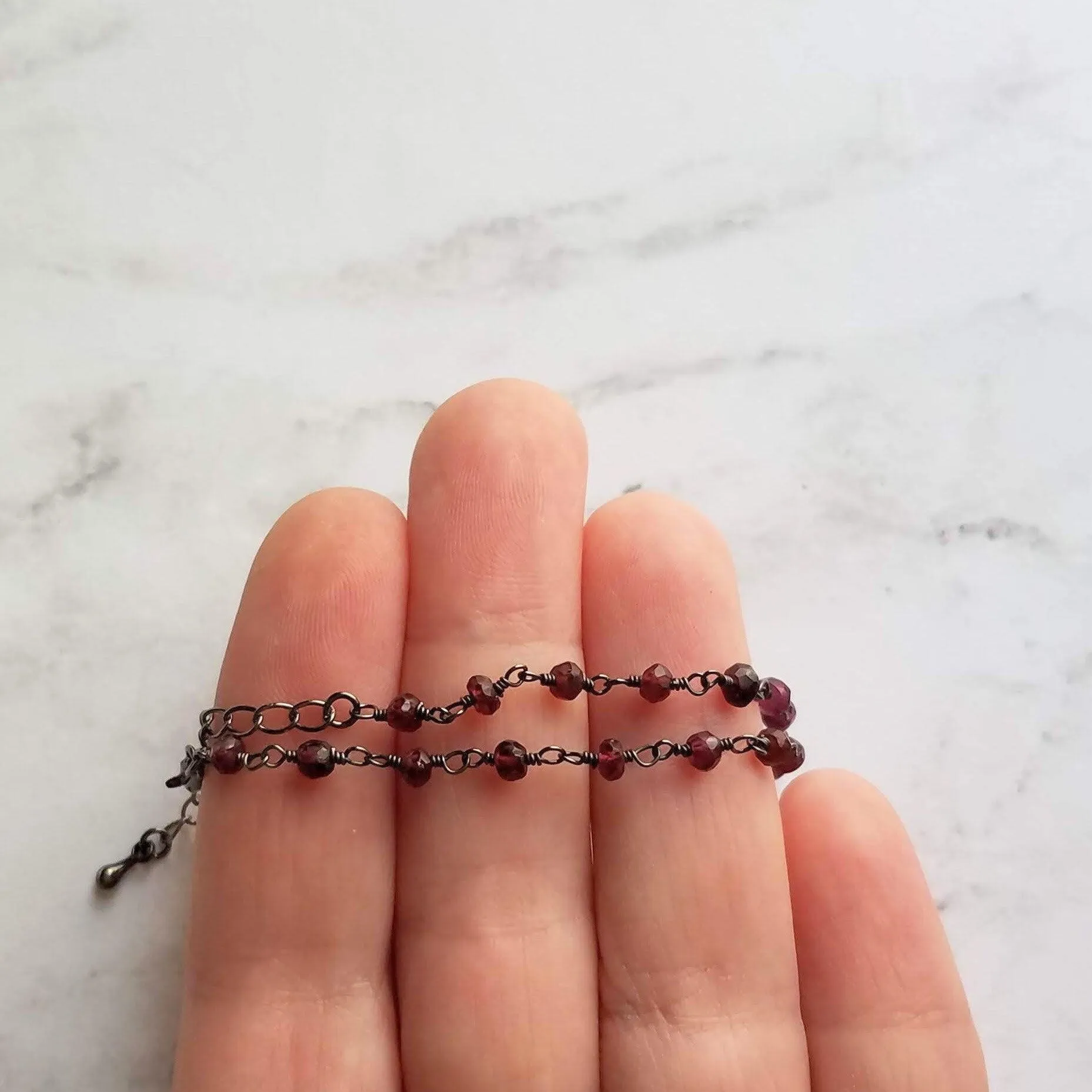 Garnet Bracelet , January birthstone bracelet, garnet jewelry, gunmetal bracelet, tiny garnet stones, delicate stone bracelet, red gemstone
