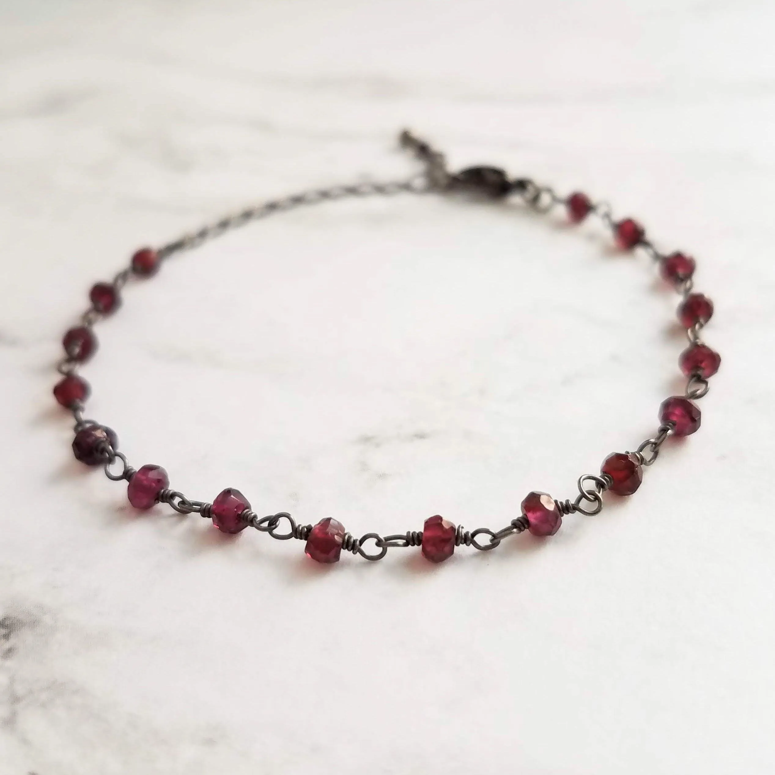Garnet Bracelet , January birthstone bracelet, garnet jewelry, gunmetal bracelet, tiny garnet stones, delicate stone bracelet, red gemstone