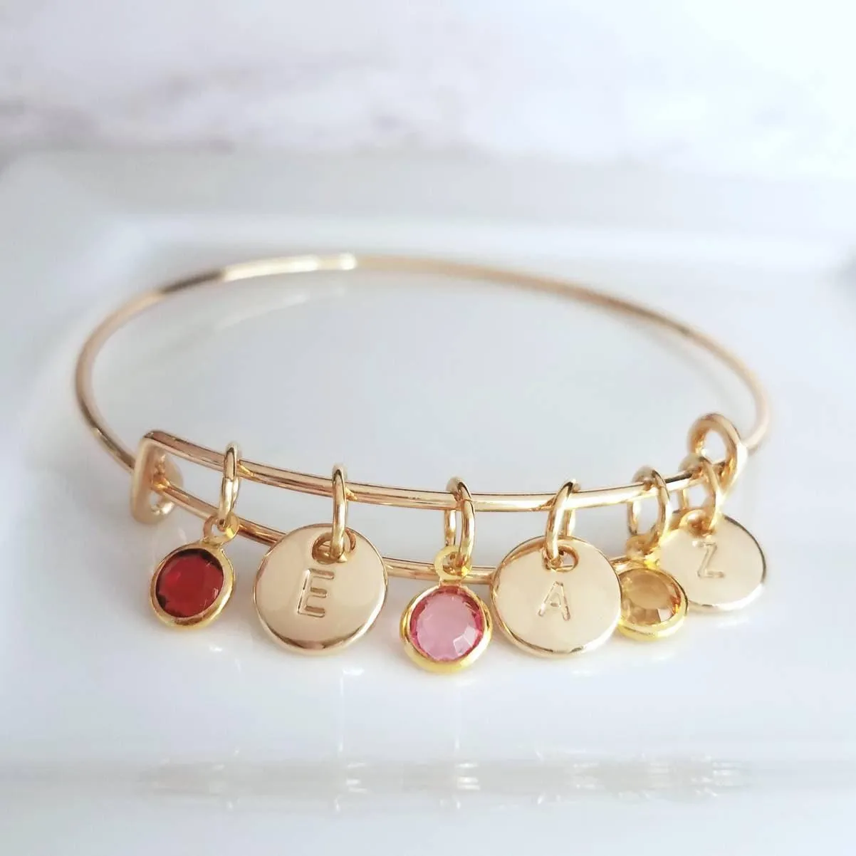 Gold Bangle Bracelet - letter initial monogram/birthstone style personalized charm - adjustable 14k gold plate - grandma mom birthday gift