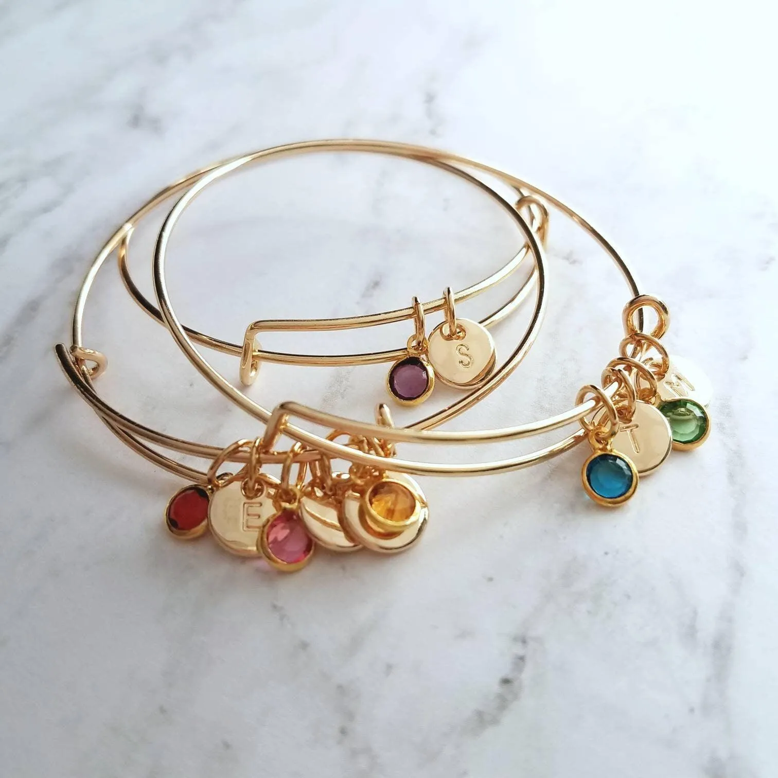 Gold Bangle Bracelet - letter initial monogram/birthstone style personalized charm - adjustable 14k gold plate - grandma mom birthday gift