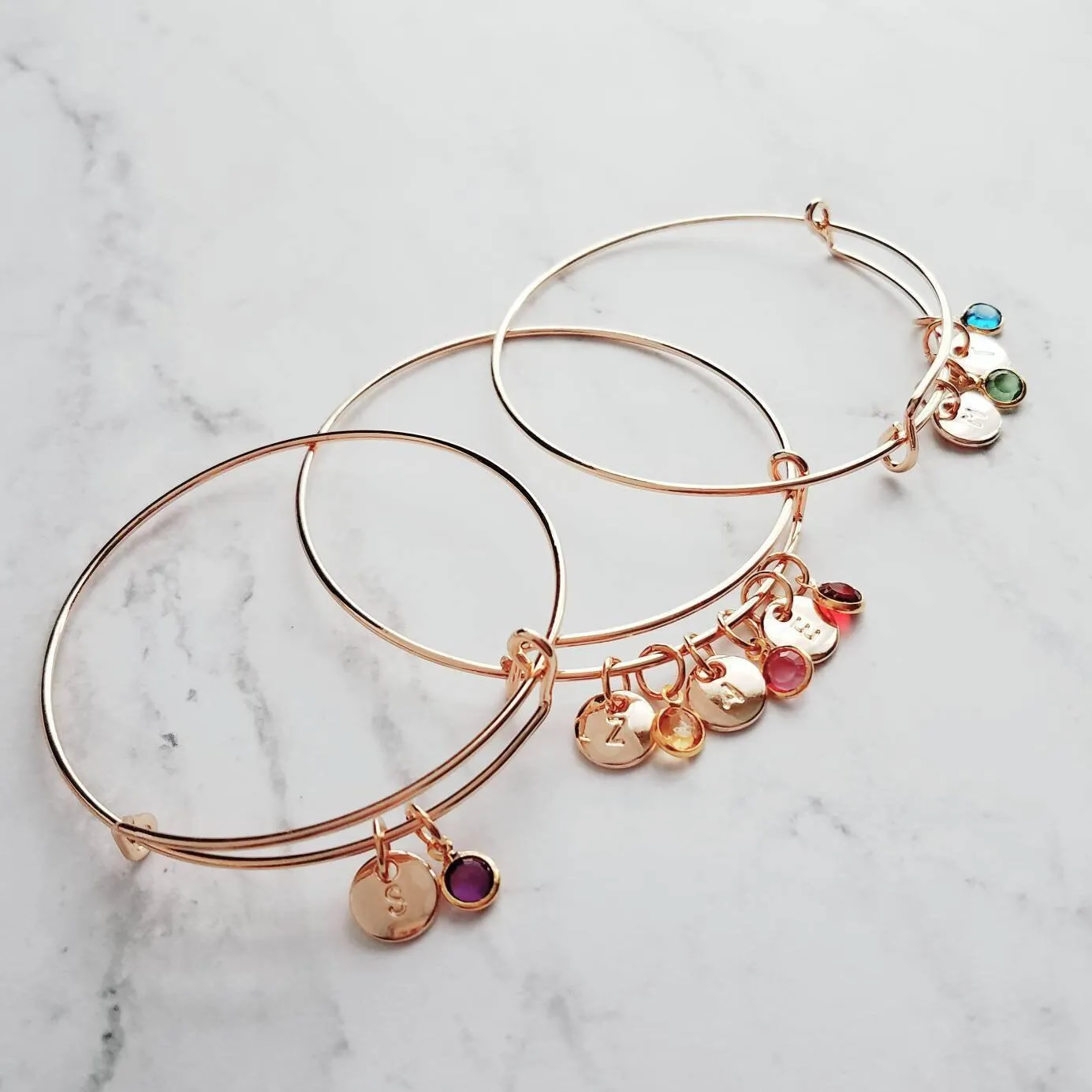 Gold Bangle Bracelet - letter initial monogram/birthstone style personalized charm - adjustable 14k gold plate - grandma mom birthday gift