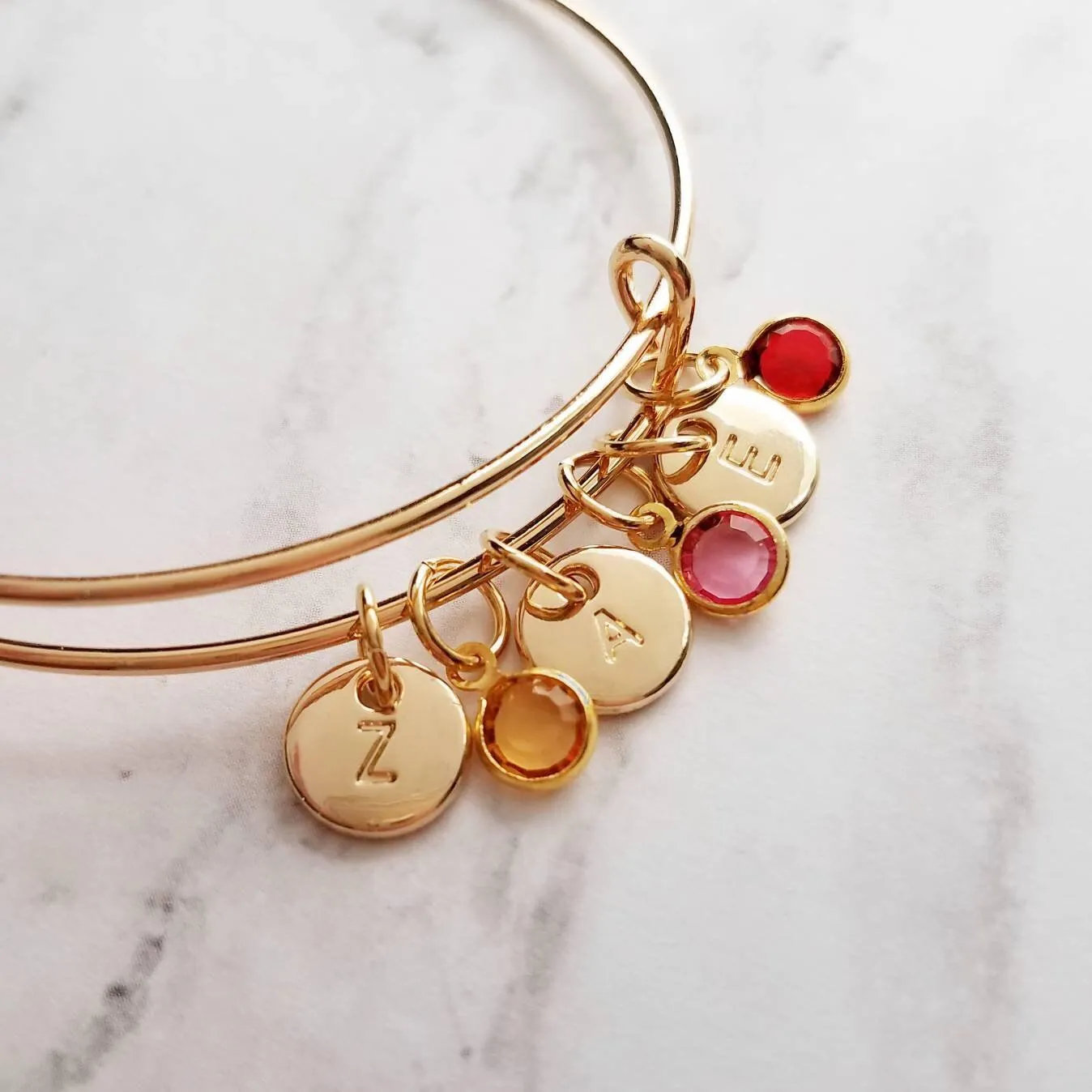 Gold Bangle Bracelet - letter initial monogram/birthstone style personalized charm - adjustable 14k gold plate - grandma mom birthday gift