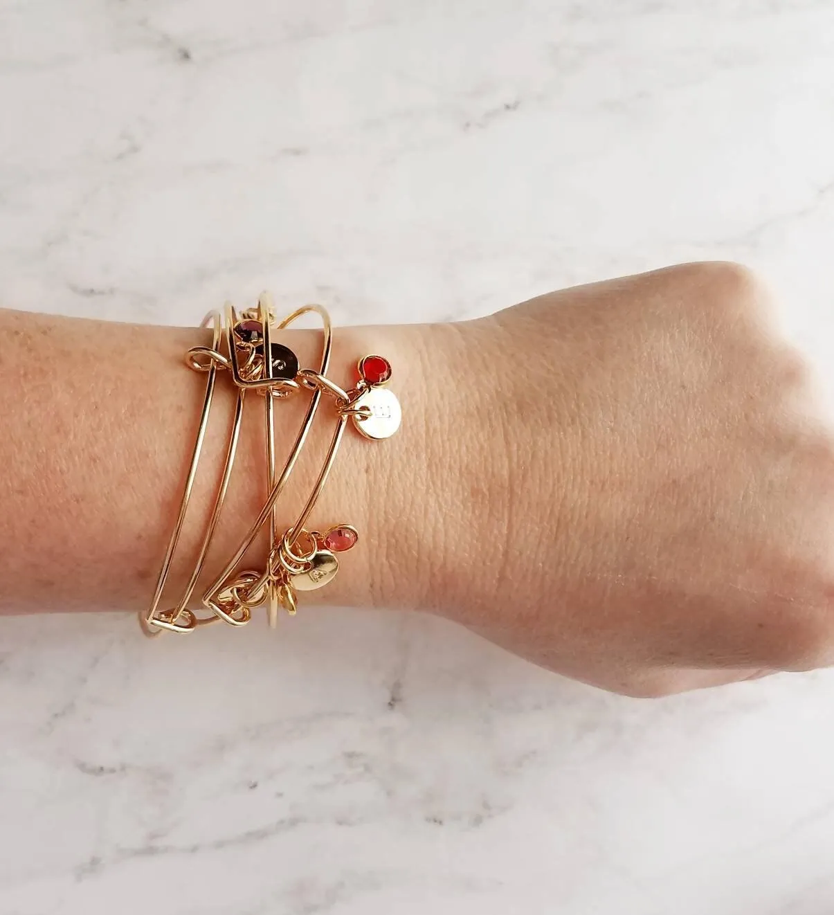 Gold Bangle Bracelet - letter initial monogram/birthstone style personalized charm - adjustable 14k gold plate - grandma mom birthday gift