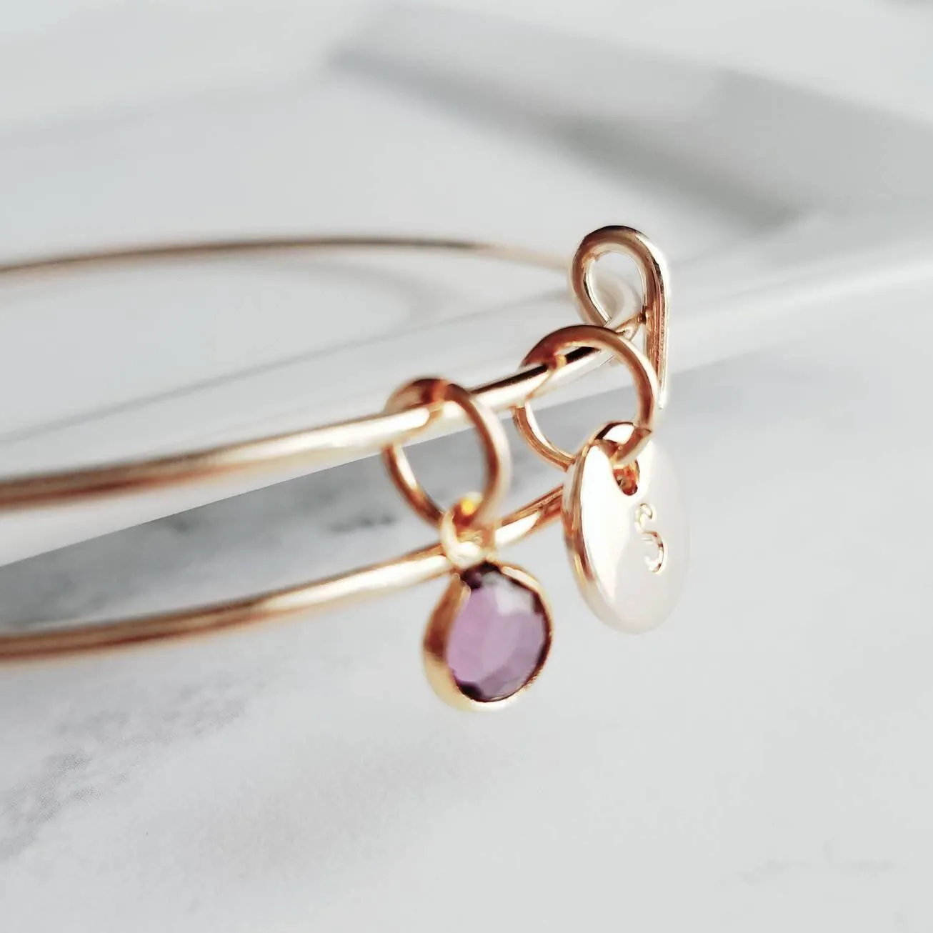 Gold Bangle Bracelet - letter initial monogram/birthstone style personalized charm - adjustable 14k gold plate - grandma mom birthday gift