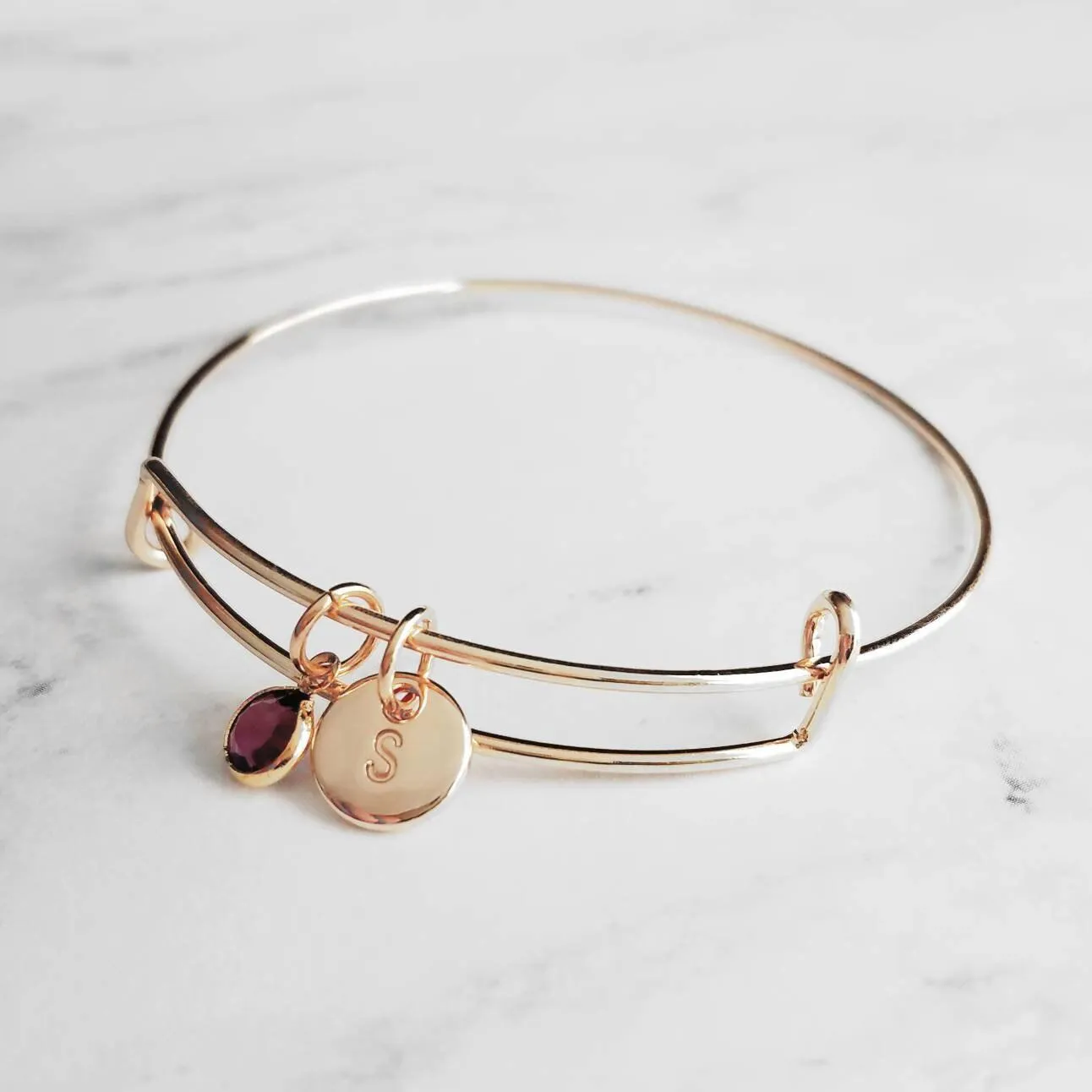 Gold Bangle Bracelet - letter initial monogram/birthstone style personalized charm - adjustable 14k gold plate - grandma mom birthday gift