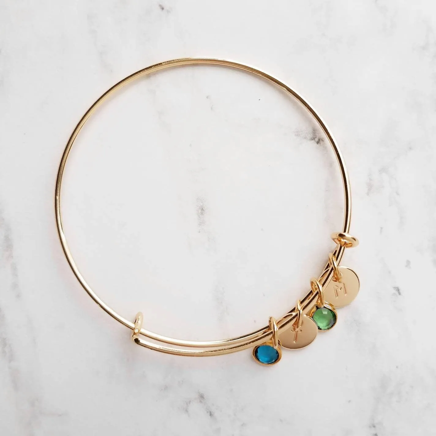 Gold Bangle Bracelet - letter initial monogram/birthstone style personalized charm - adjustable 14k gold plate - grandma mom birthday gift