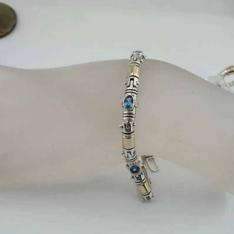 Hadar Designers Blue Topaz Bracelet 9k Yellow Gold 925 Sterling Silver (S b58)