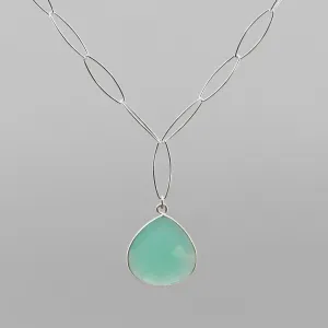 Handmade Aqua Chalcedony Necklace - Sterling Silver Pear Drop Pendant | 18" Adjustable Chain