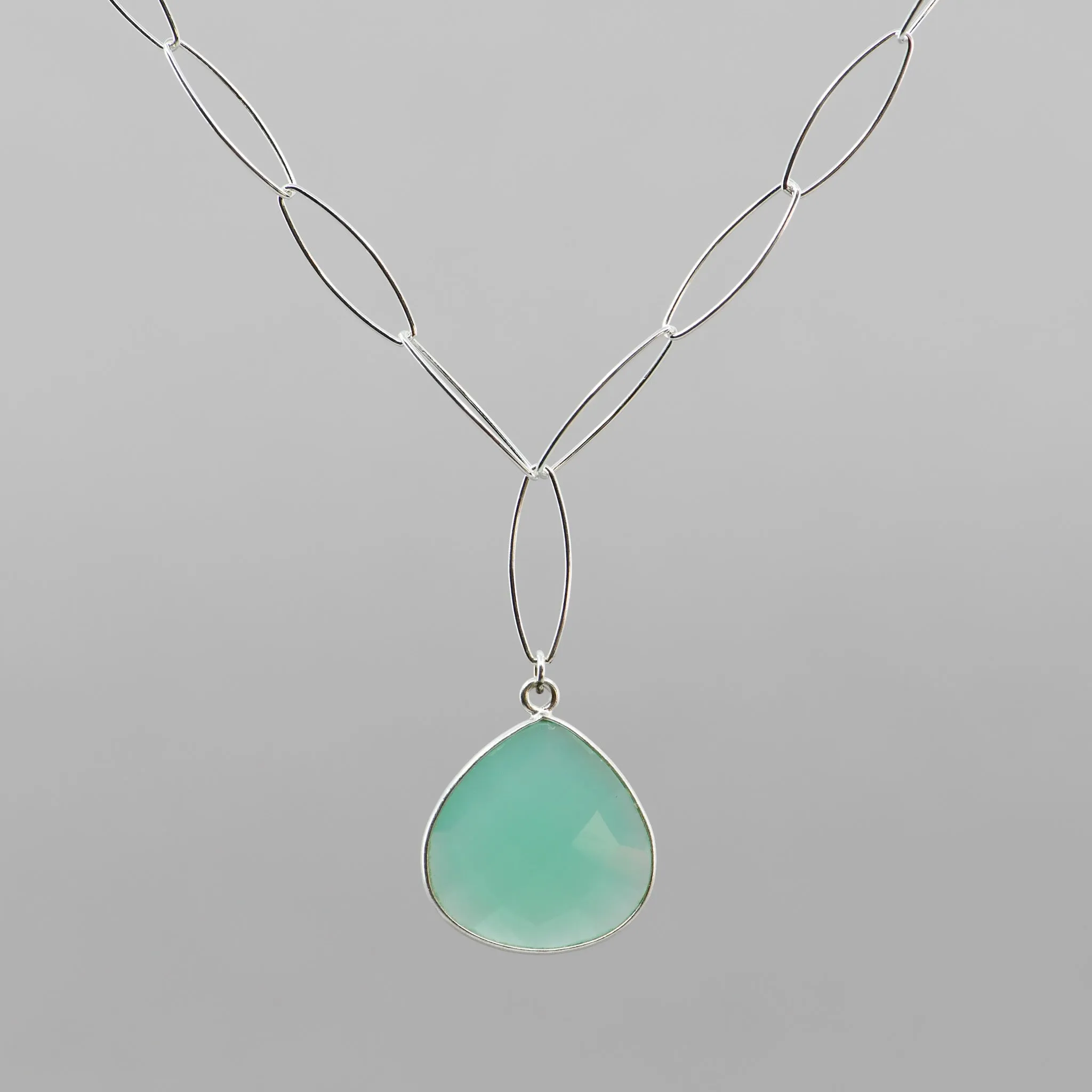 Handmade Aqua Chalcedony Necklace - Sterling Silver Pear Drop Pendant | 18" Adjustable Chain