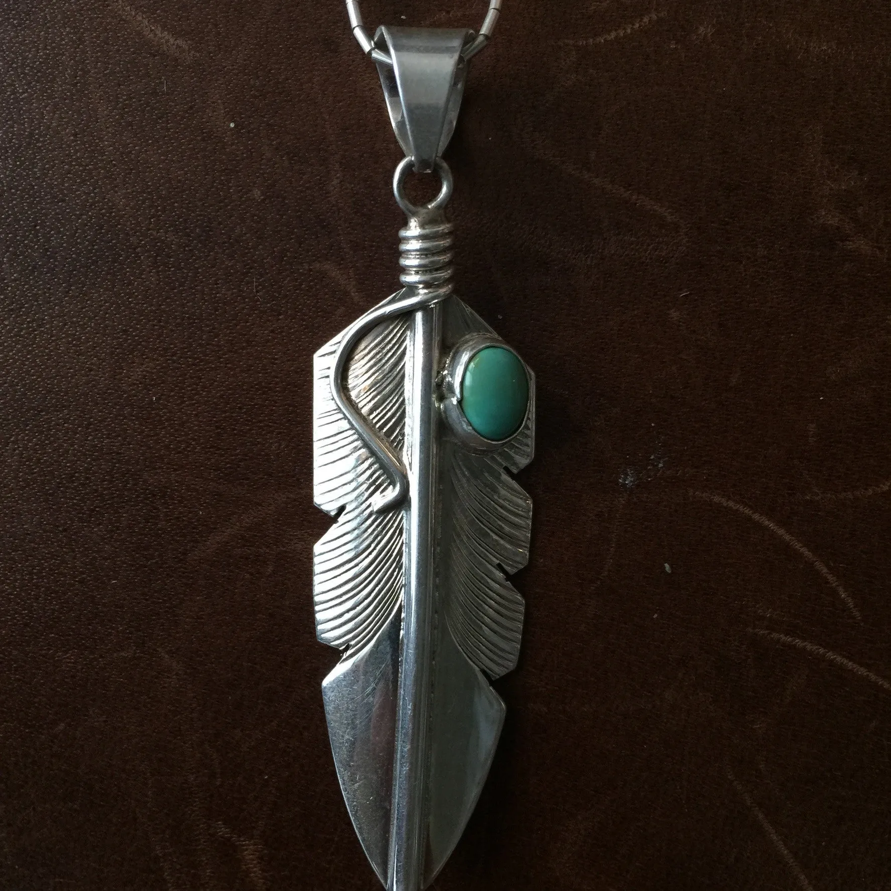 Handmade Delicate Feather Campitos Turquoise Necklace Sterling Signed