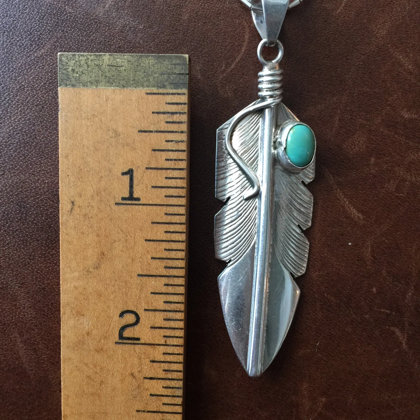 Handmade Delicate Feather Campitos Turquoise Necklace Sterling Signed