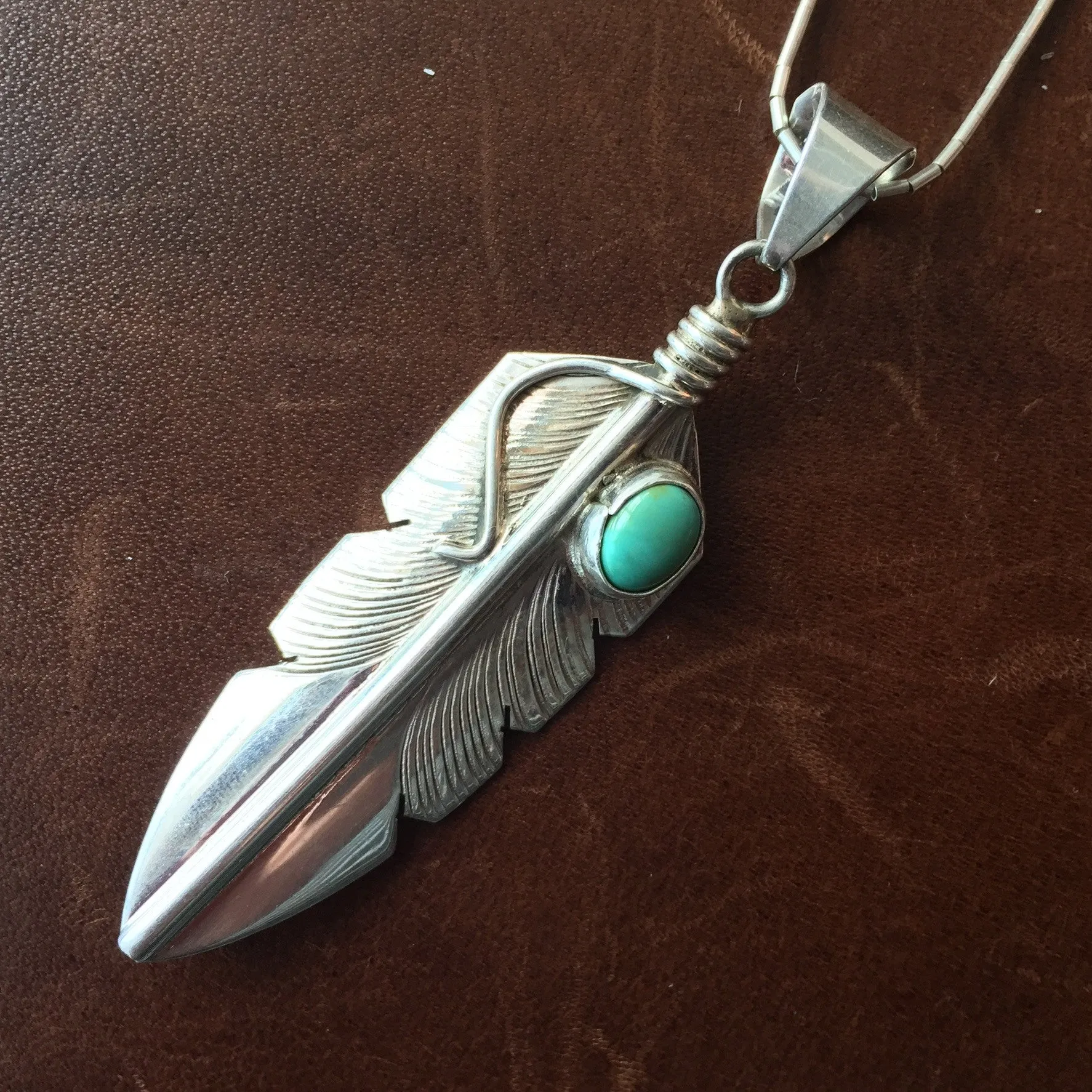 Handmade Delicate Feather Campitos Turquoise Necklace Sterling Signed