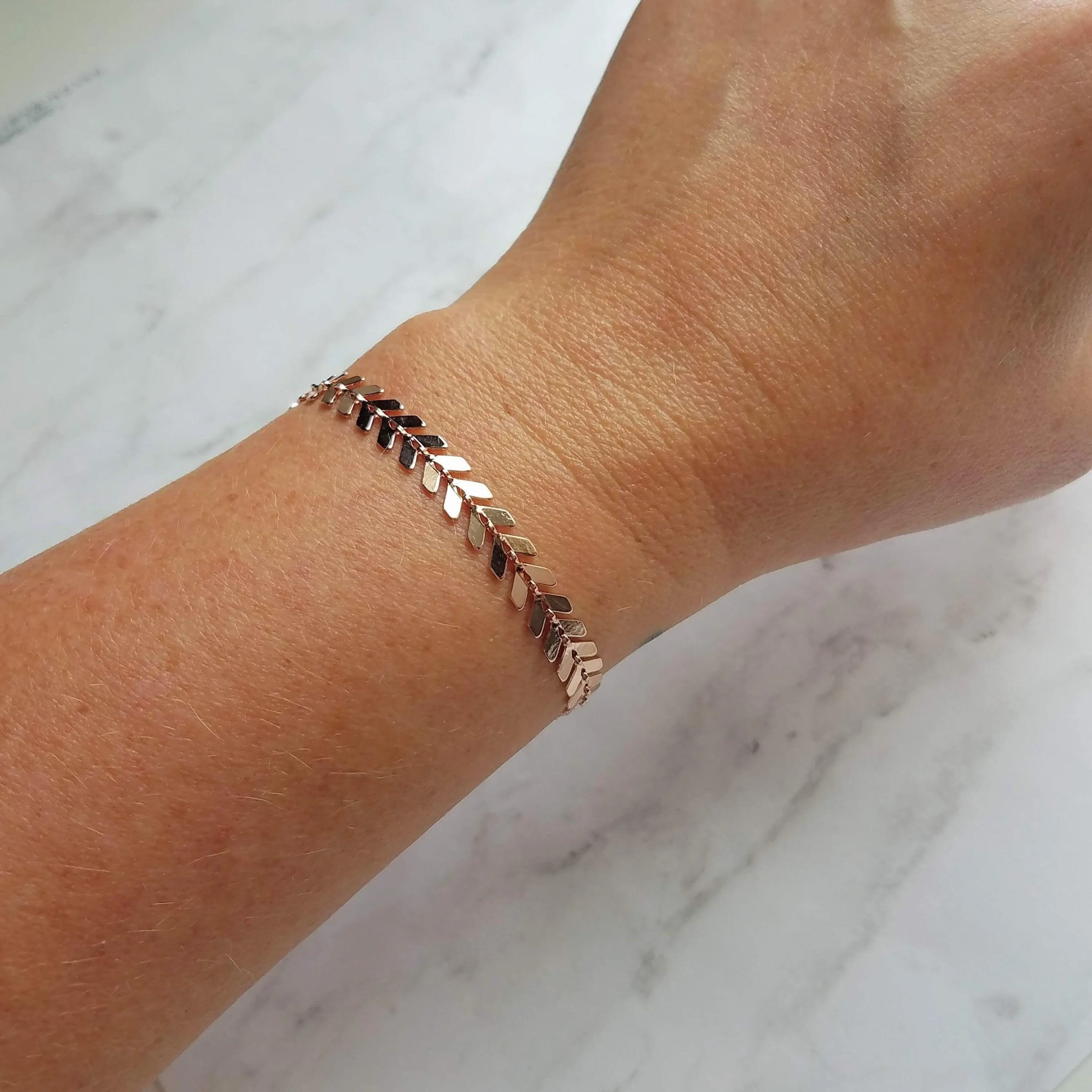 Herringbone Bracelet, rose gold v bracelet, rose gold arrow, rose gold bracelet, pink gold bracelet, delicate rose gold bracelet, fish bone
