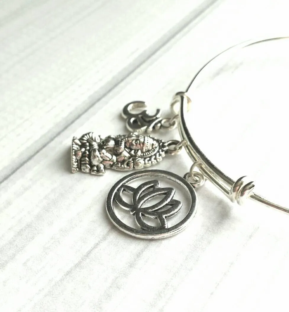 Hindu Bangle Bracelet, yogi bracelet, silver bangle, elephant bracelet, deity charm, lotus symbol charm, spiritual jewelry, rebirth success