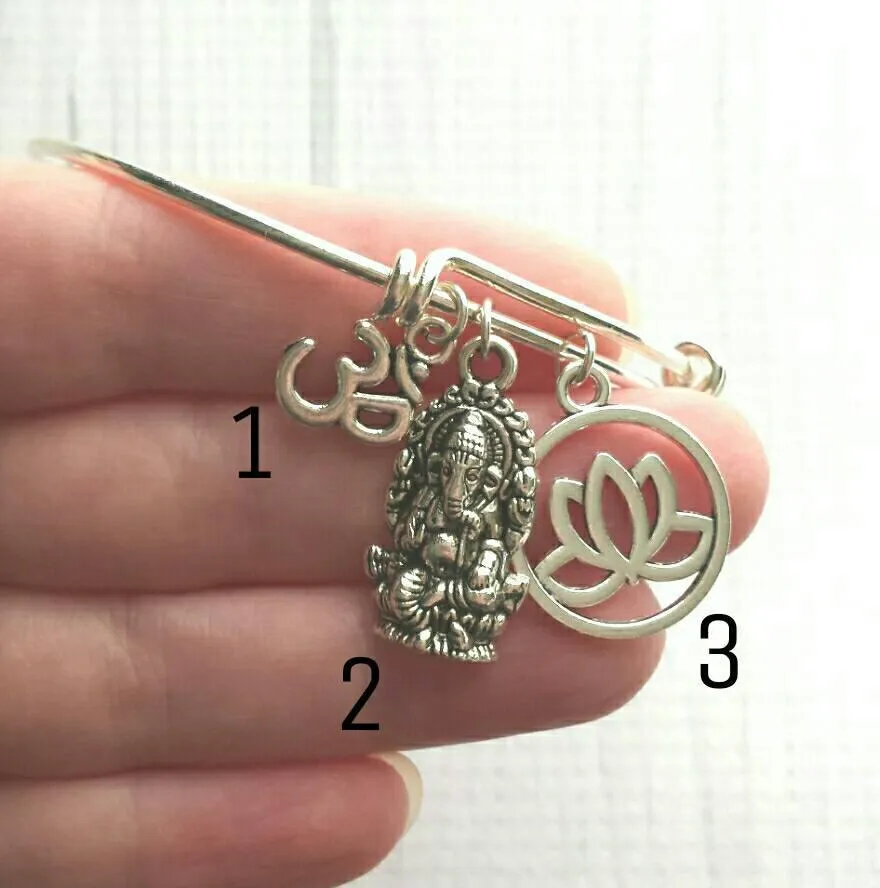 Hindu Bangle Bracelet, yogi bracelet, silver bangle, elephant bracelet, deity charm, lotus symbol charm, spiritual jewelry, rebirth success