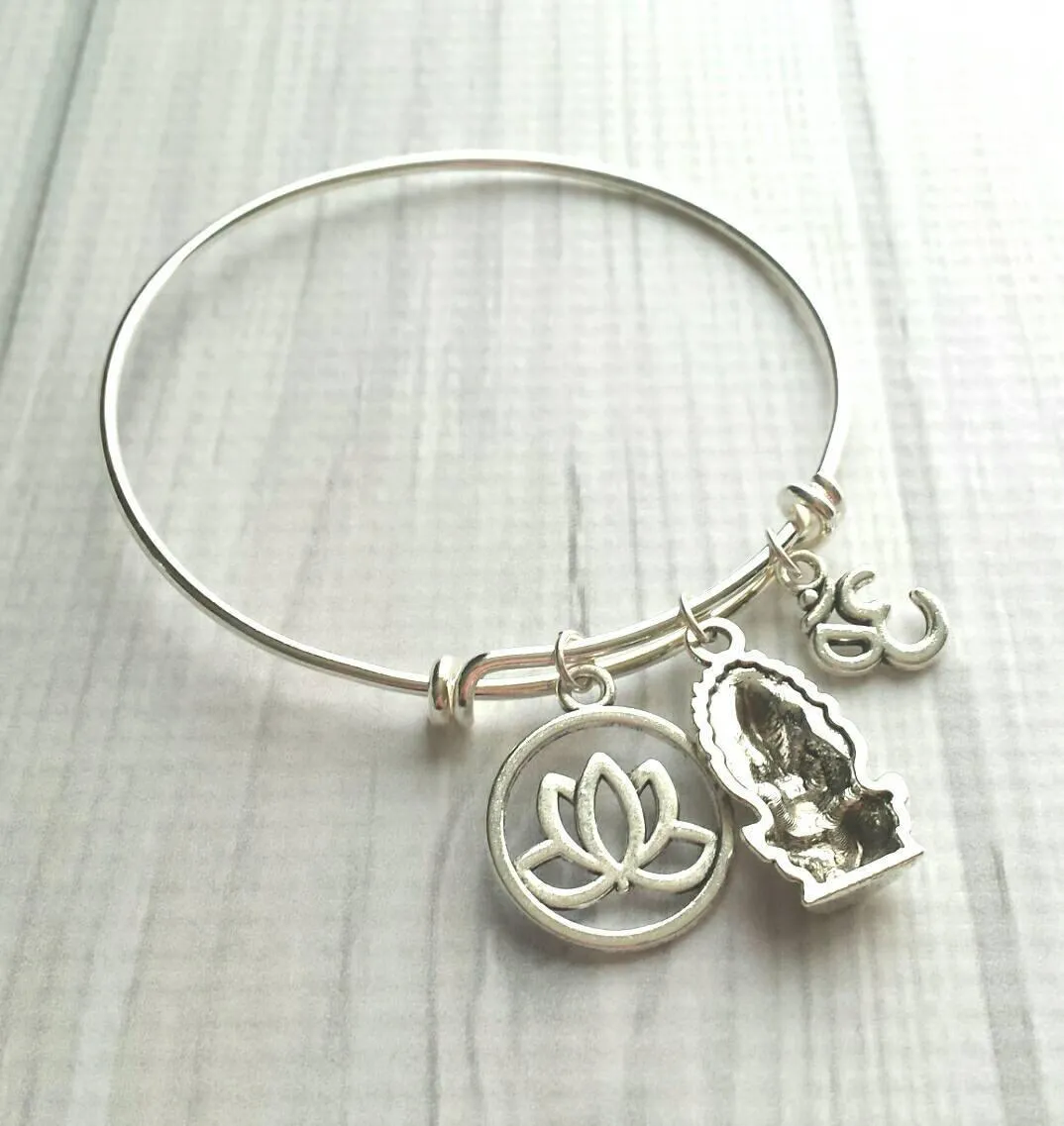Hindu Bangle Bracelet, yogi bracelet, silver bangle, elephant bracelet, deity charm, lotus symbol charm, spiritual jewelry, rebirth success