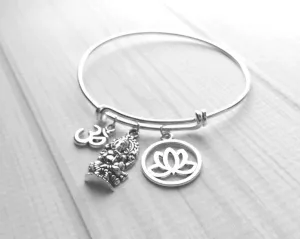 Hindu Bangle Bracelet, yogi bracelet, silver bangle, elephant bracelet, deity charm, lotus symbol charm, spiritual jewelry, rebirth success