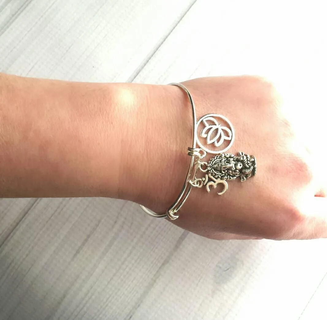 Hindu Bangle Bracelet, yogi bracelet, silver bangle, elephant bracelet, deity charm, lotus symbol charm, spiritual jewelry, rebirth success